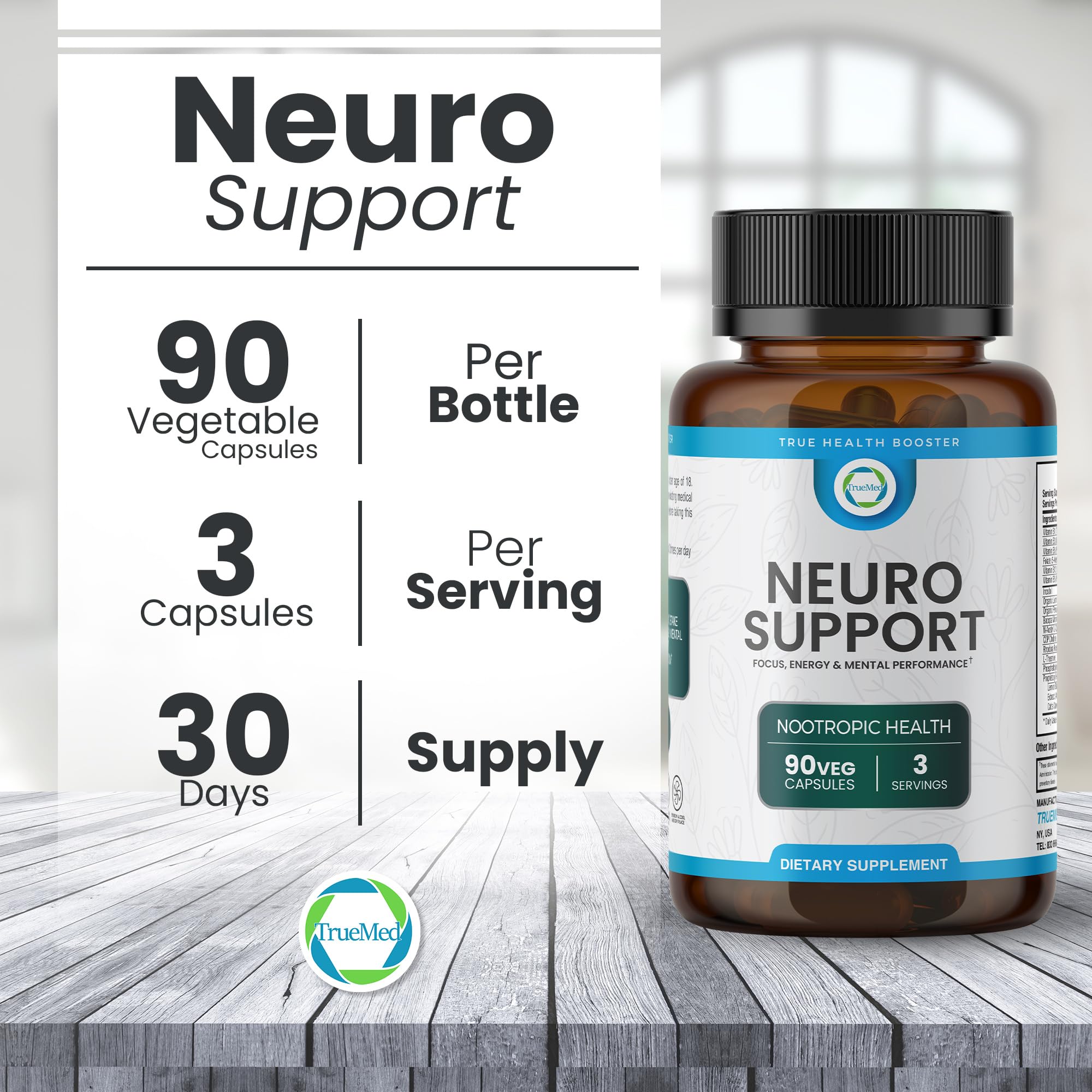 TrueMed Neuro Support - Premium Nootropic Supplement for Focus, Energy, Mental Clarity, and Performance Organic Lion’s Mane, Bacopa Monnieri, Rhodiola, Non-GMO Gluten-Free CDP Choline 90 Veg Capsules TRUEMED uk supplements