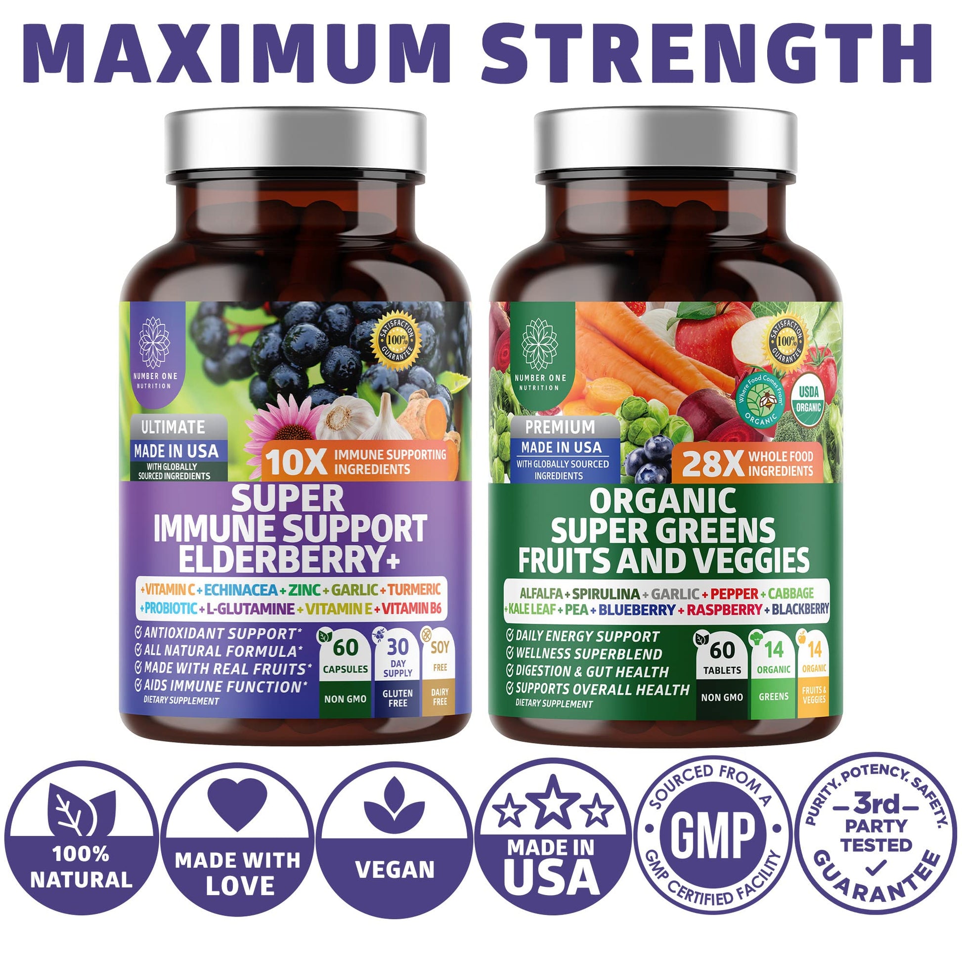 N1N Premium Organic Super Fruits & Veggies + Immune Support [38 Powerful Ingredients], Natural Super Greens Supplement with Alfalfa, Vitamins & Minerals, Zinc, Turmeric and Probiotic, 120 Caps Number One Nutrition uk supplements
