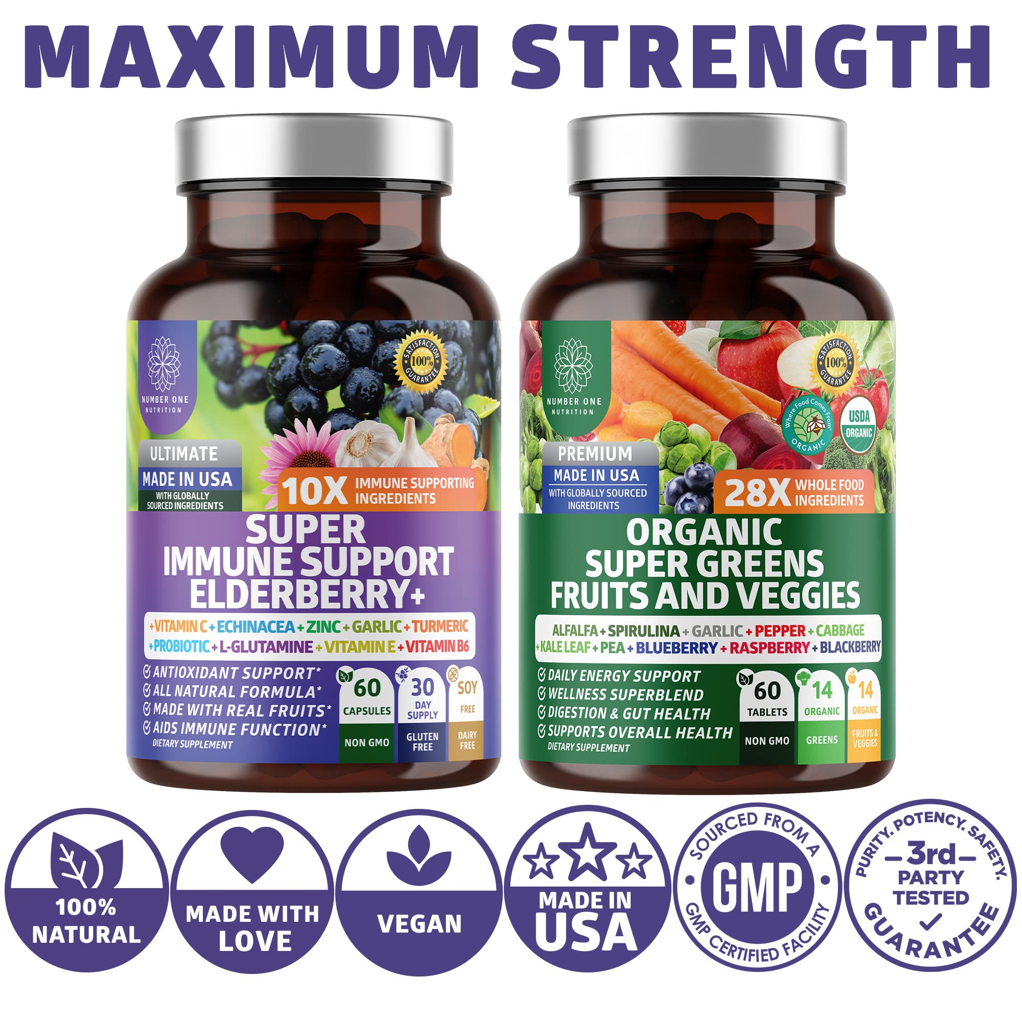 N1N Premium Organic Super Fruits & Veggies + Immune Support [38 Powerful Ingredients], Natural Super Greens Supplement with Alfalfa, Vitamins & Minerals, Zinc, Turmeric and Probiotic, 120 Caps Number One Nutrition uk supplements