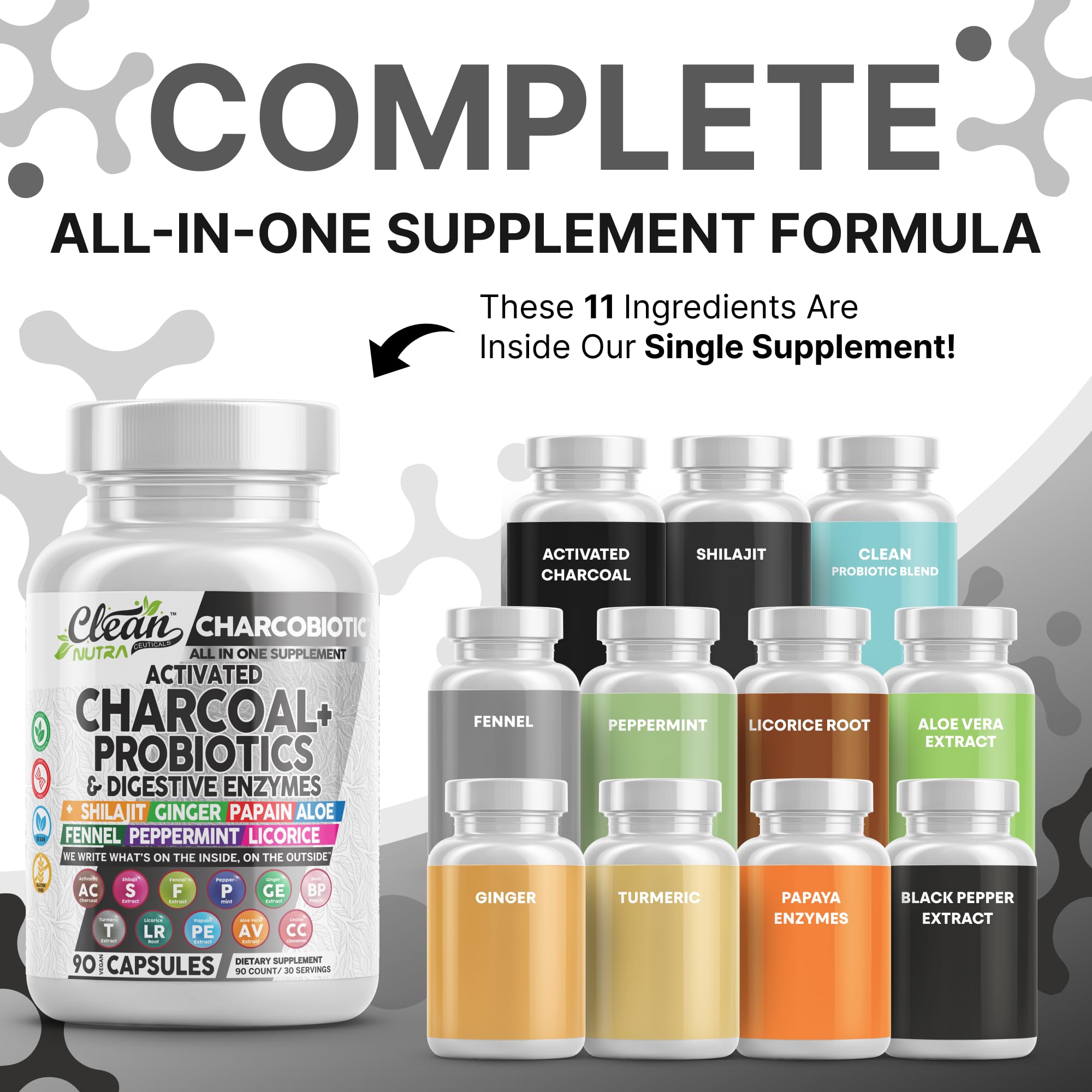 Clean Nutra Activated Charcoal Pills + Shilajit Probiotic Digestive Enzymes for Digestive Health Capsules with Peppermint Fennel Licorice Papain Ginger Turmeric Powder | Gut Health Clean Nutraceuticals uk supplements