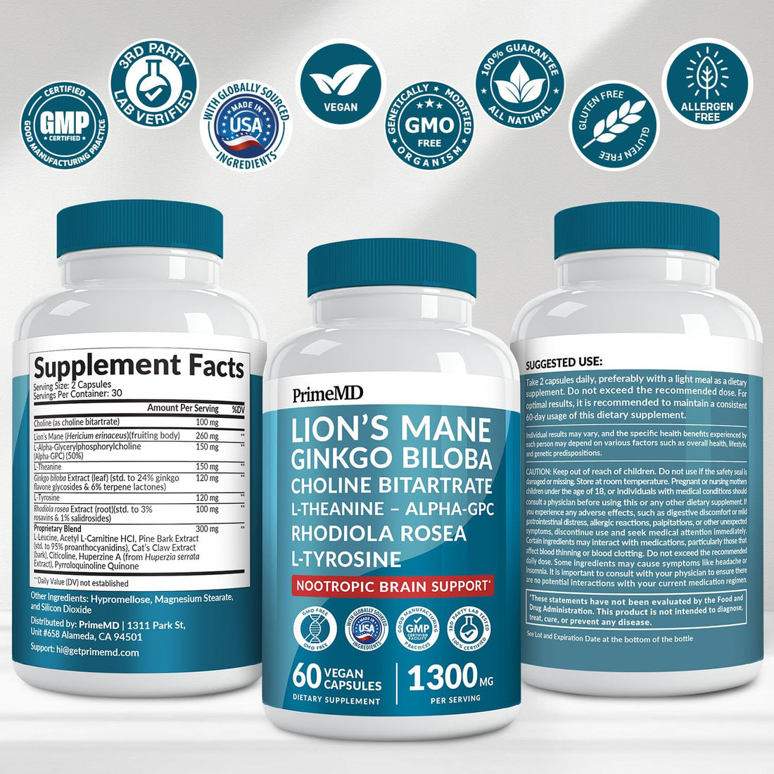 14-in-1 Lions Mane Supplement Capsules - Nootropic Brain Supplement with Ginkgo Biloba for Brain Support, Memory and Focus - Alpha GPC, L Theanine & Choline Supplements with 1300mg Per Serving (60 ct) PrimeMD uk supplements