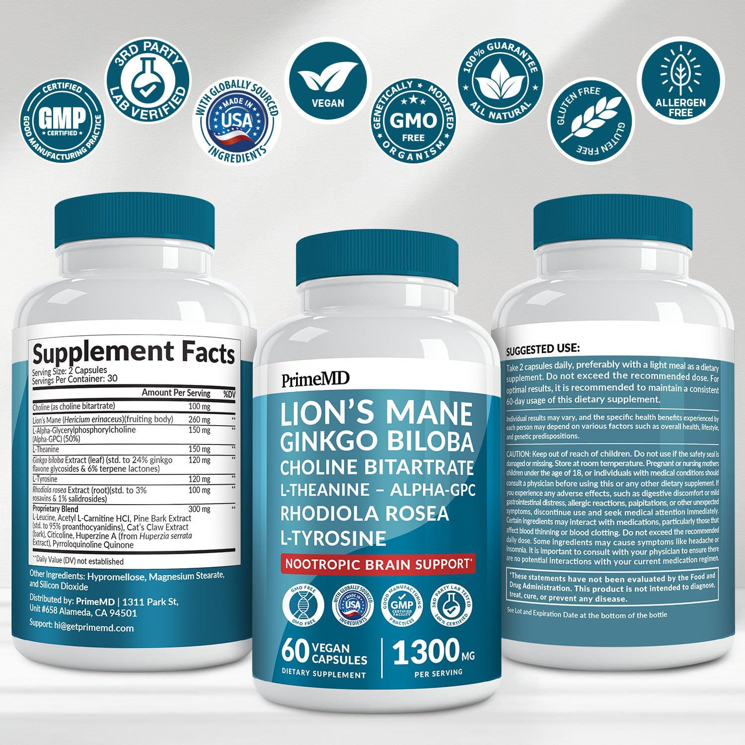 14-in-1 Lions Mane Supplement Capsules - Nootropic Brain Supplement with Ginkgo Biloba for Brain Support, Memory and Focus - Alpha GPC, L Theanine & Choline Supplements with 1300mg Per Serving (60 ct) PrimeMD uk supplements