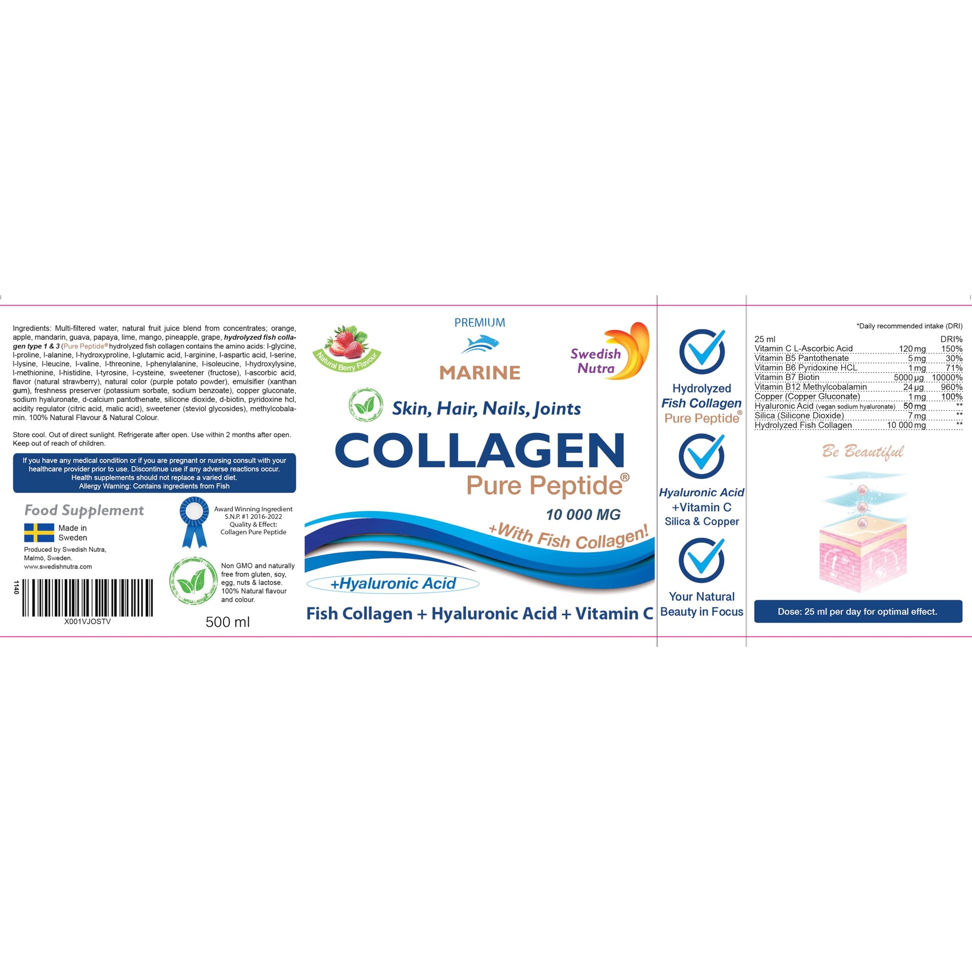 Marine Liquid Collagen 10000mg 500 ml I Pure Hydrolyzed Collagen Peptides Swedish Nutra uk supplements