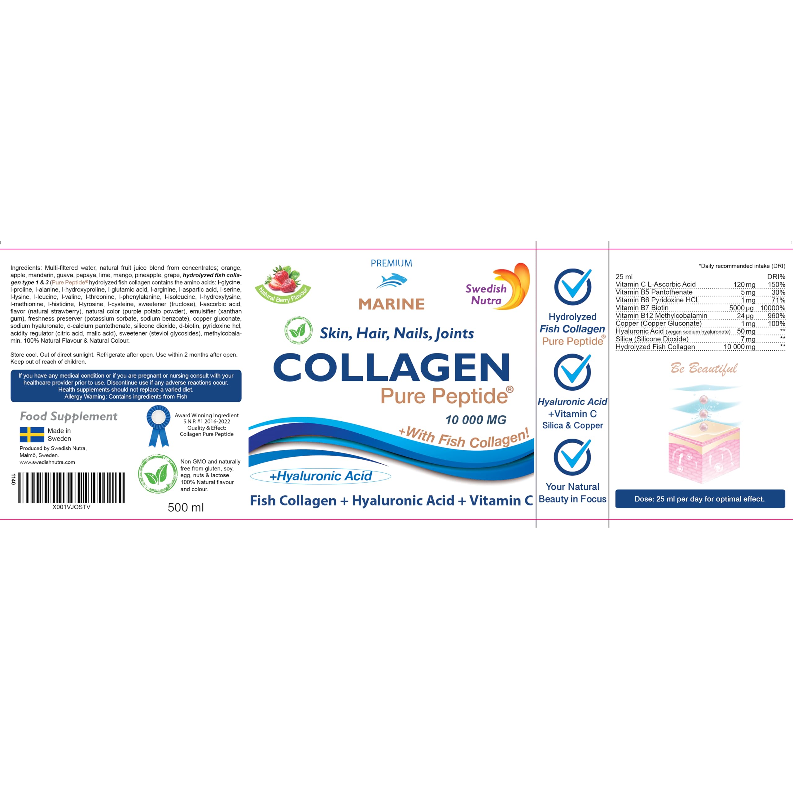 Marine Liquid Collagen 10000mg 500 ml I Pure Hydrolyzed Collagen Peptides Swedish Nutra uk supplements