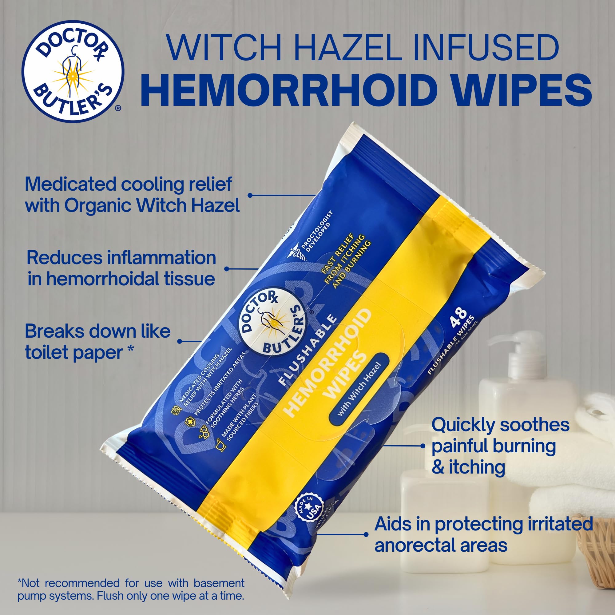Doctor Butler's Flushable Hemorrhoid Wipes – Flushable Wipes with Witch Hazel to Soothe and Bring Relief from Discomfort Associated with Hemorrhoids (48 Wipes) Doctor Butler's uk supplements