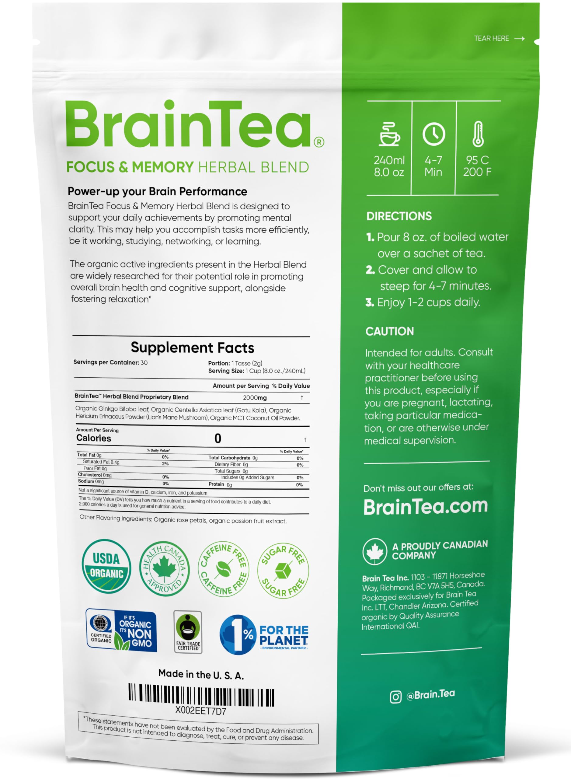 Brain Tea Focus & Memory - Brain Tea Organic Certified 4-in-1 Nootropic Herbal Supplement with Ginkgo Biloba, Gotu Kola, Lion’s Mane Mushroom, MCT Caffeine-Free for Mental Clarity (30 Sachets) Brain Tea uk supplements