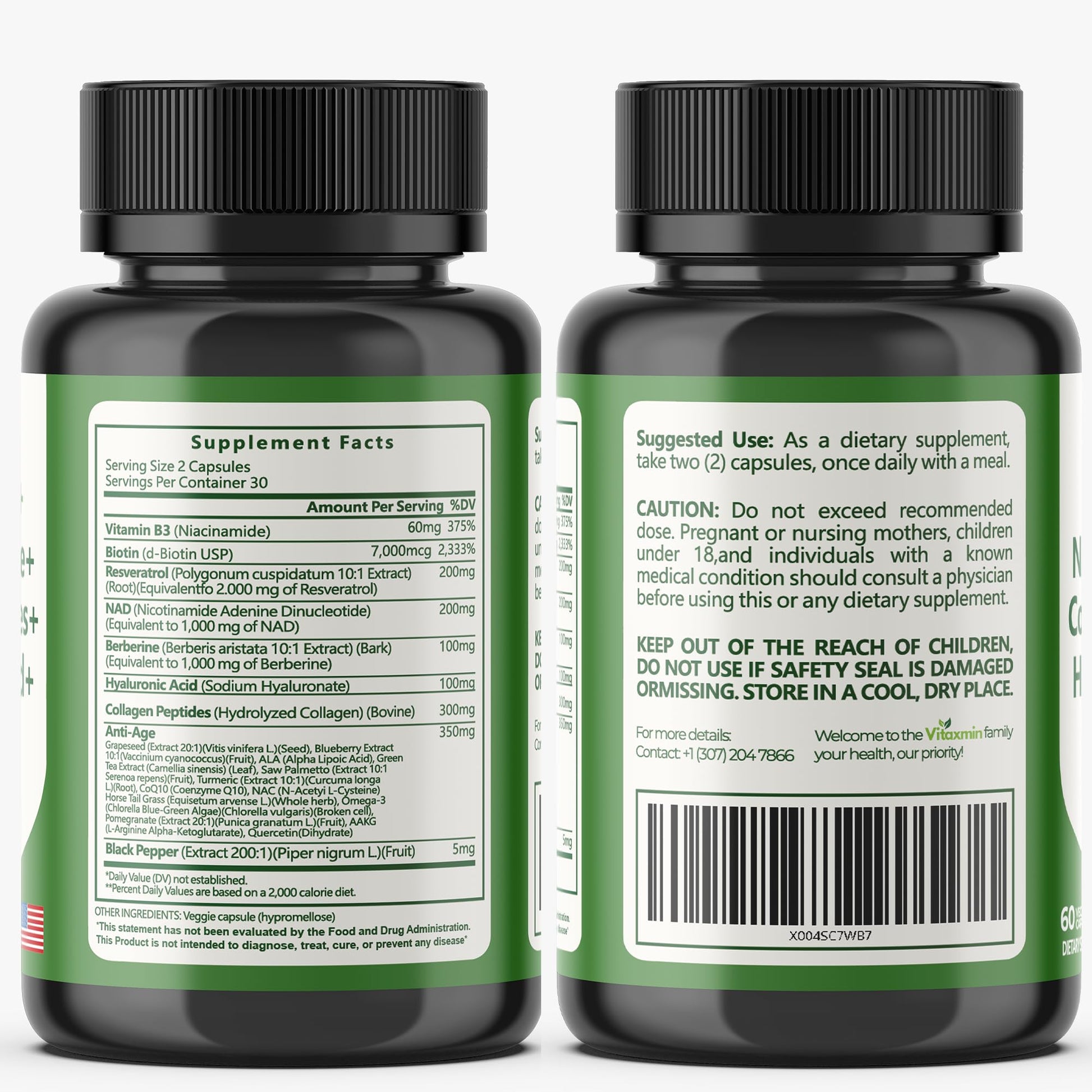 vitaxmin NAD Resveratrol Supplement 200mg with Berberine NAC Collagen - Nicotinamide Riboside NMN NADH CoQ10 Biotin Hyaluronic Acid - Hair Skin Nails Supplement - 60 Capsules vitaxmin uk supplements