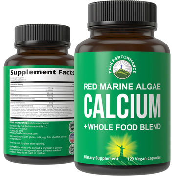 Plant Based Calcium - Red Marine Algae Calcium Supplement with Vitamin C, D3, K, Magnesium, and Whole Food Vegetable Blend. Vegan Capsules for Bones and Joints. 120 Pills, Tablets Peak Performance uk supplements