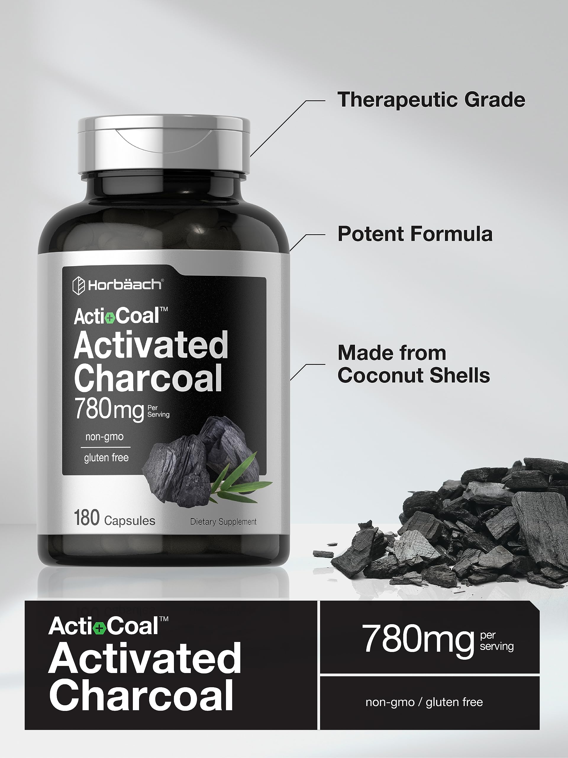 Charcoal Pills 780mg | 180 Capsules | Activated Charcoal from Coconut Shells | Non-GMO Horbäach uk supplements
