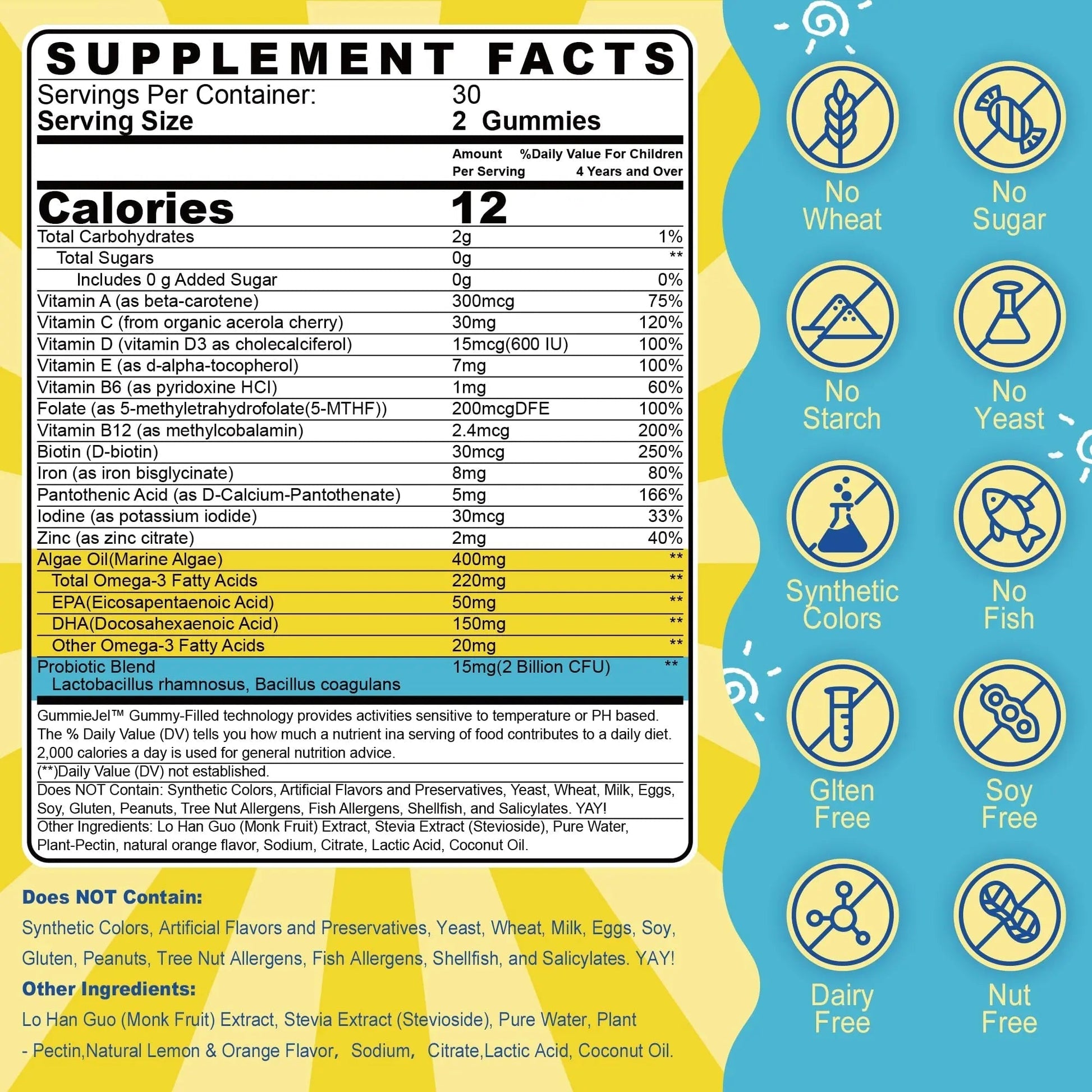 Kids Multivitamin Gummies with Iron, Sugar Free, Kids Daily Vitamins + Probiotics, Algae Omega 3 (EPA/DHA), A, C, D, Methyl B12, Folate, B6, Zinc, Biotin Nextdia uk supplements