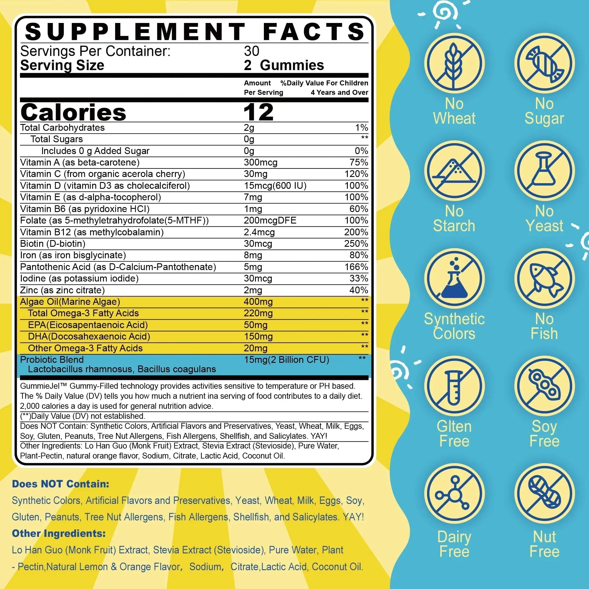Kids Multivitamin Gummies with Iron, Sugar Free, Kids Daily Vitamins + Probiotics, Algae Omega 3 (EPA/DHA), A, C, D, Methyl B12, Folate, B6, Zinc, Biotin Nextdia uk supplements