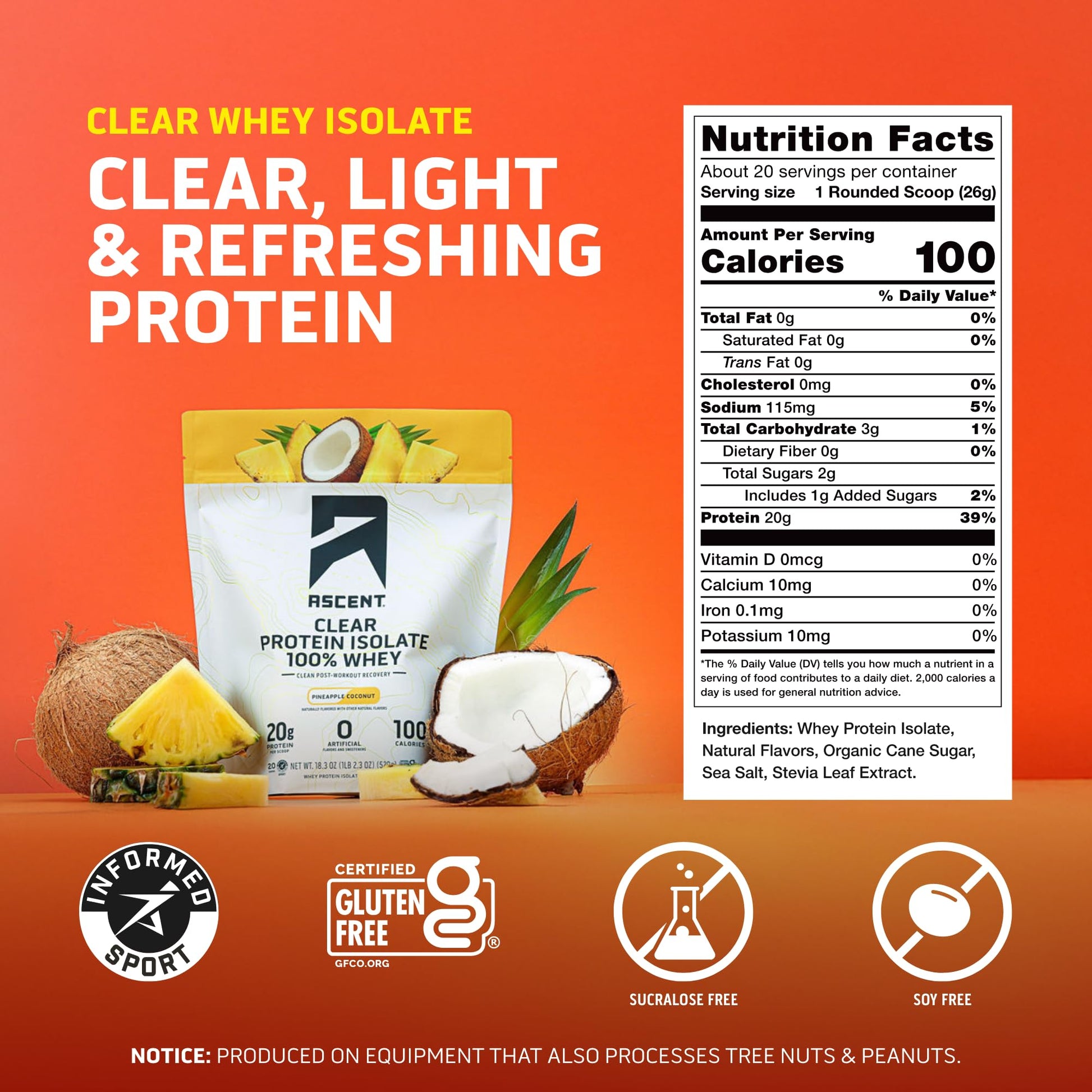 Ascent 100% Clear Whey Protein Powder - Post Workout Whey Protein Isolate, Zero Artificial Flavors & Sweeteners, Gluten Free, 5.5g BCAA, 2.1g Leucine, Essential Amino Acids, Pineapple Coconut, 20 Serv Ascent uk supplements