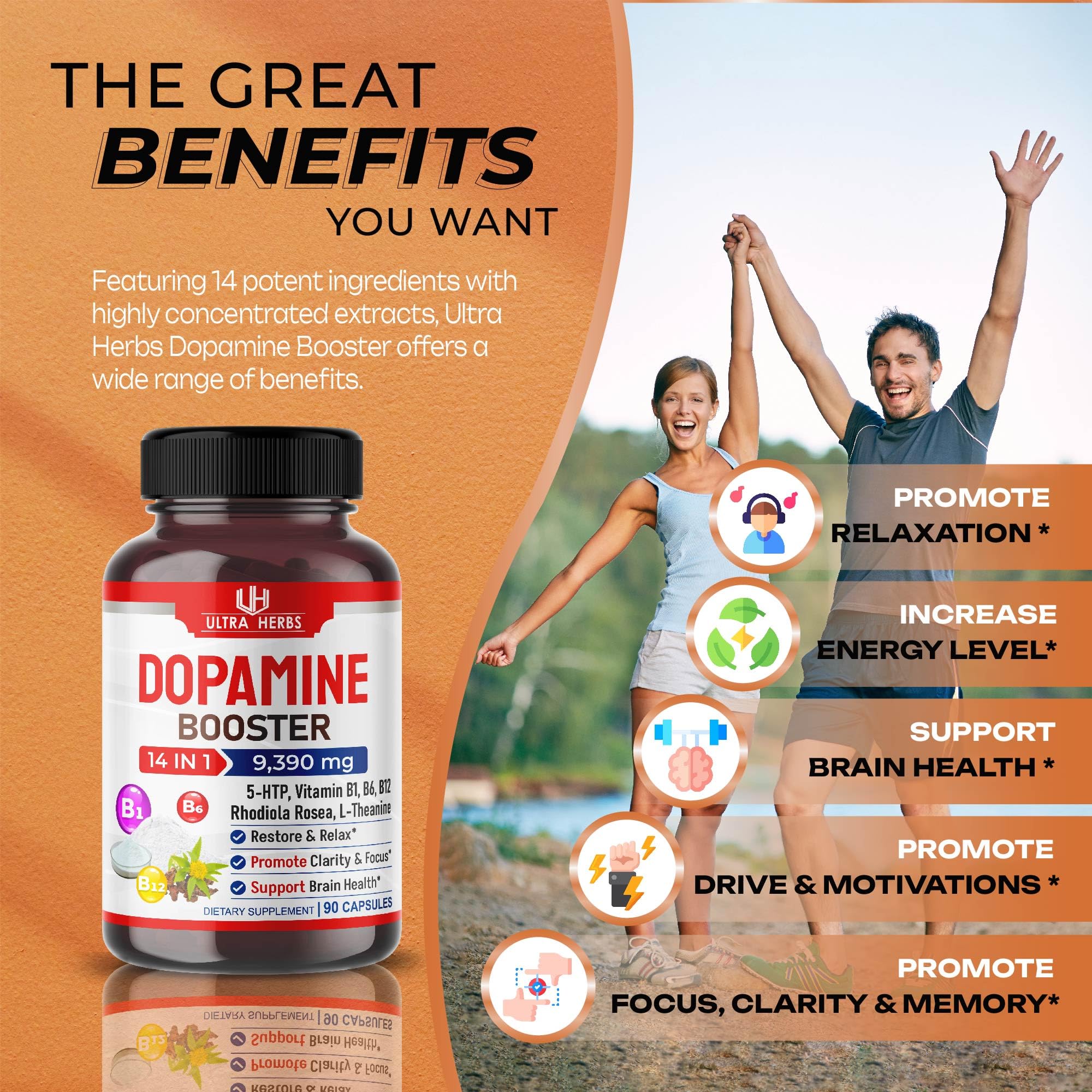 Dopamine Focus Supplement Ashwagandha 5000mg 5-HTP 50mg Rhodiola Rosea 2000mg ULTRA HERBS uk supplements