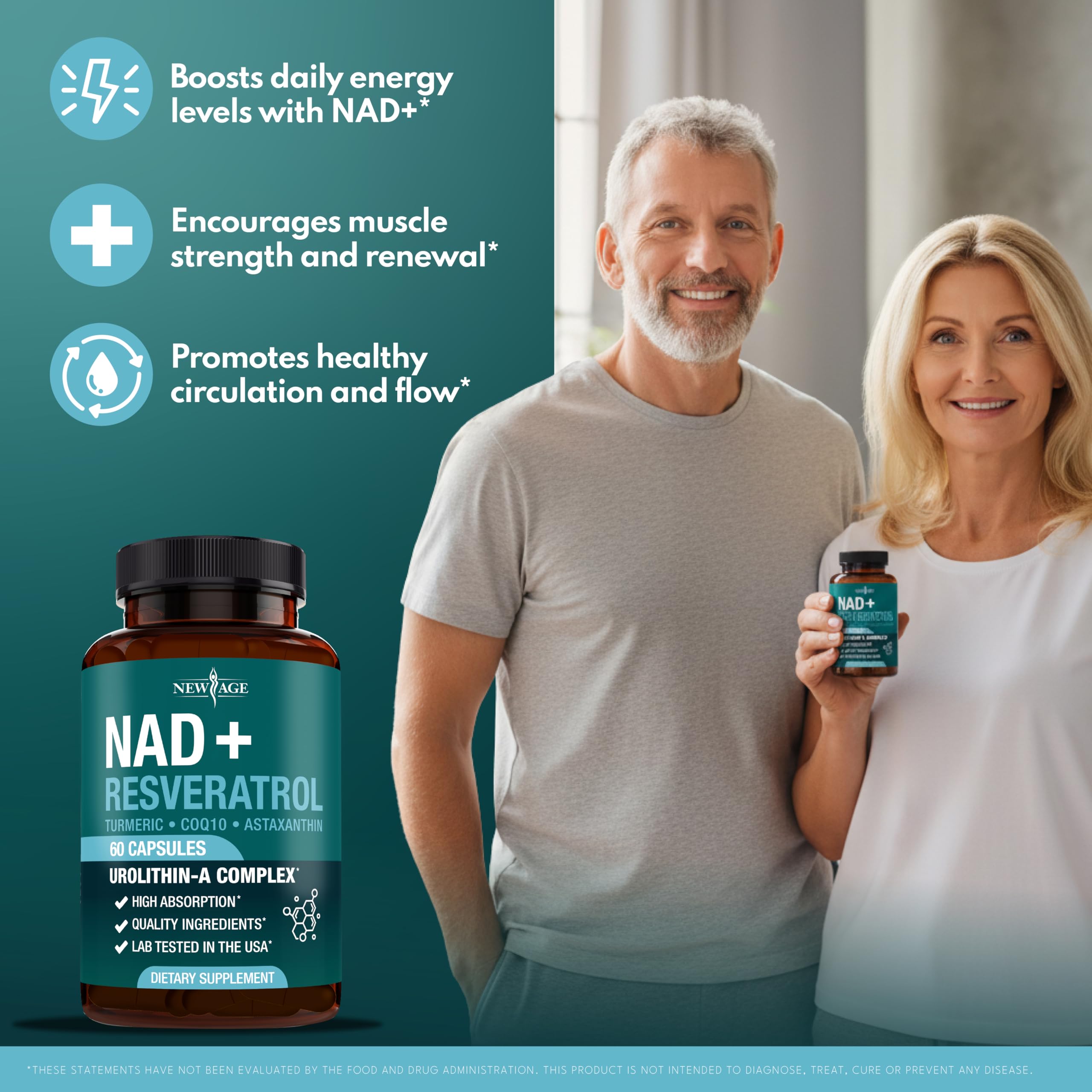 NEW AGE NAD+ Supplement Complex – NAD+ 300 mg with Astaxanthin, Urolithin A, Resveratrol, CoQ10 & Antioxidant Blend – Cellular Energy, Support or Women & Men – Vegan, Non-GMO- 120 Count NEW AGE uk supplements