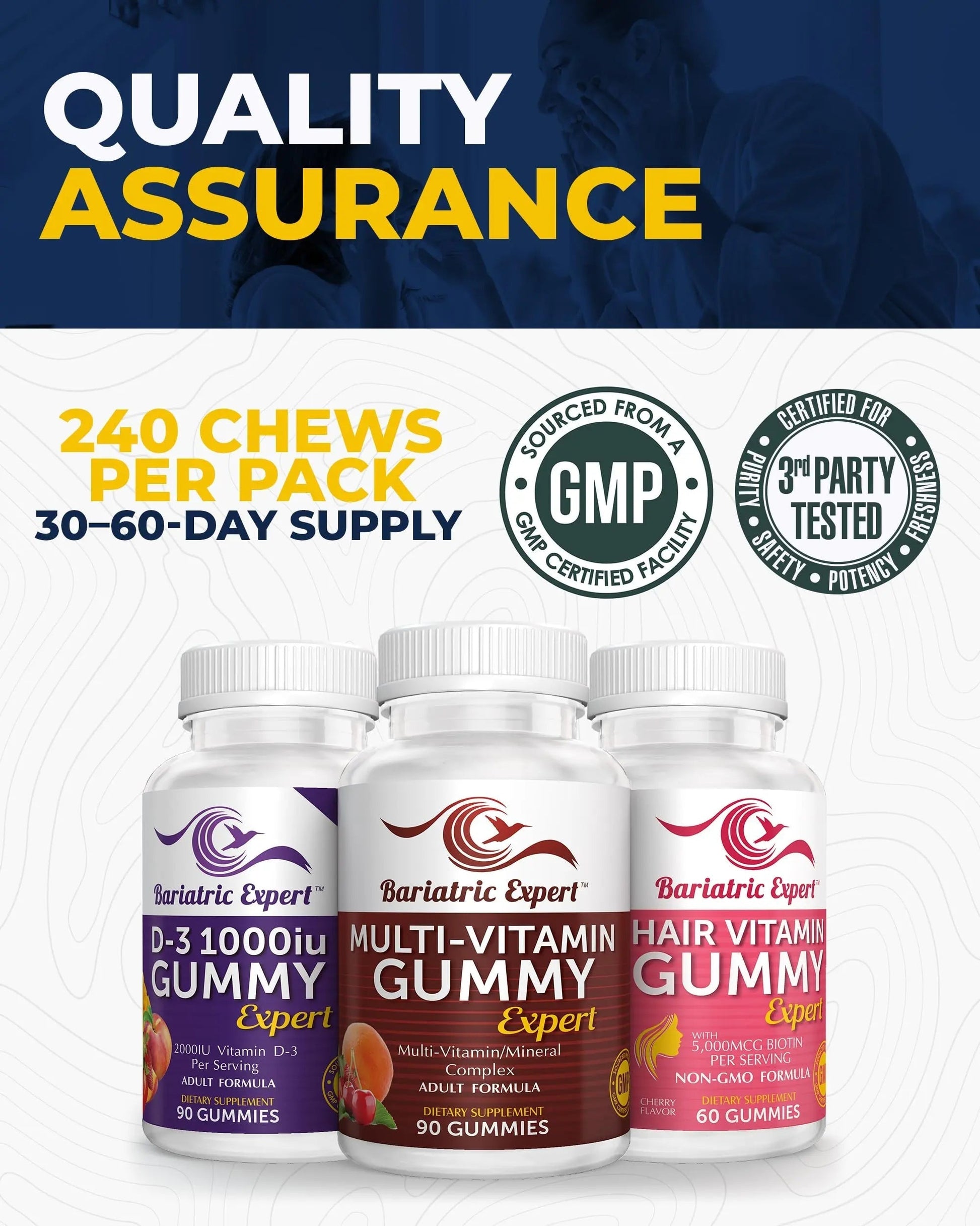 Bariatric Multivitamin 3 Pack, Multivitamin Gummy 90 Chews. - D3 Gummies 90 Chew - Hair Vitamin Gummy 60 Chews. Bariatric Food Expert uk supplements