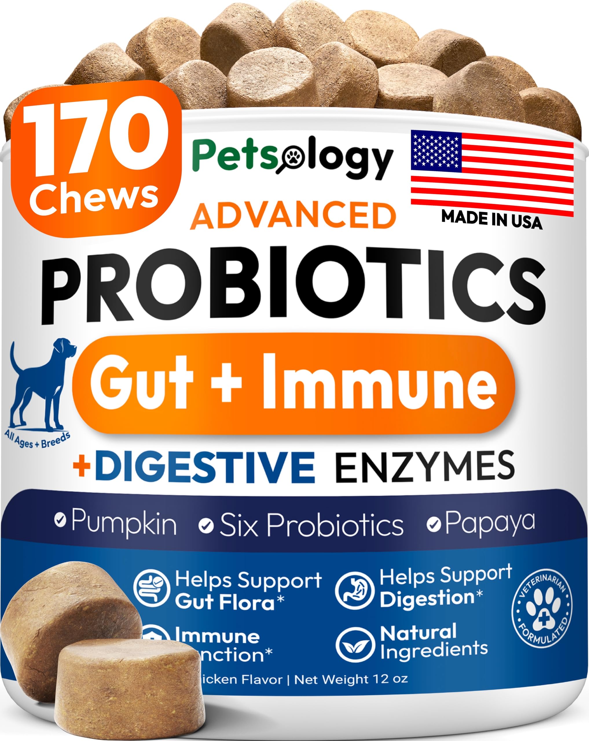Probiotics for Dogs - 170 Dog Probiotics Chews - Digestive Enzymes & Prebiotics - Support Gut Health, Diarrhea, Gas & Constipation Relief - Itchy Skin, Allergies, Yeast Balance - Advanced Supplement Petsology uk supplements