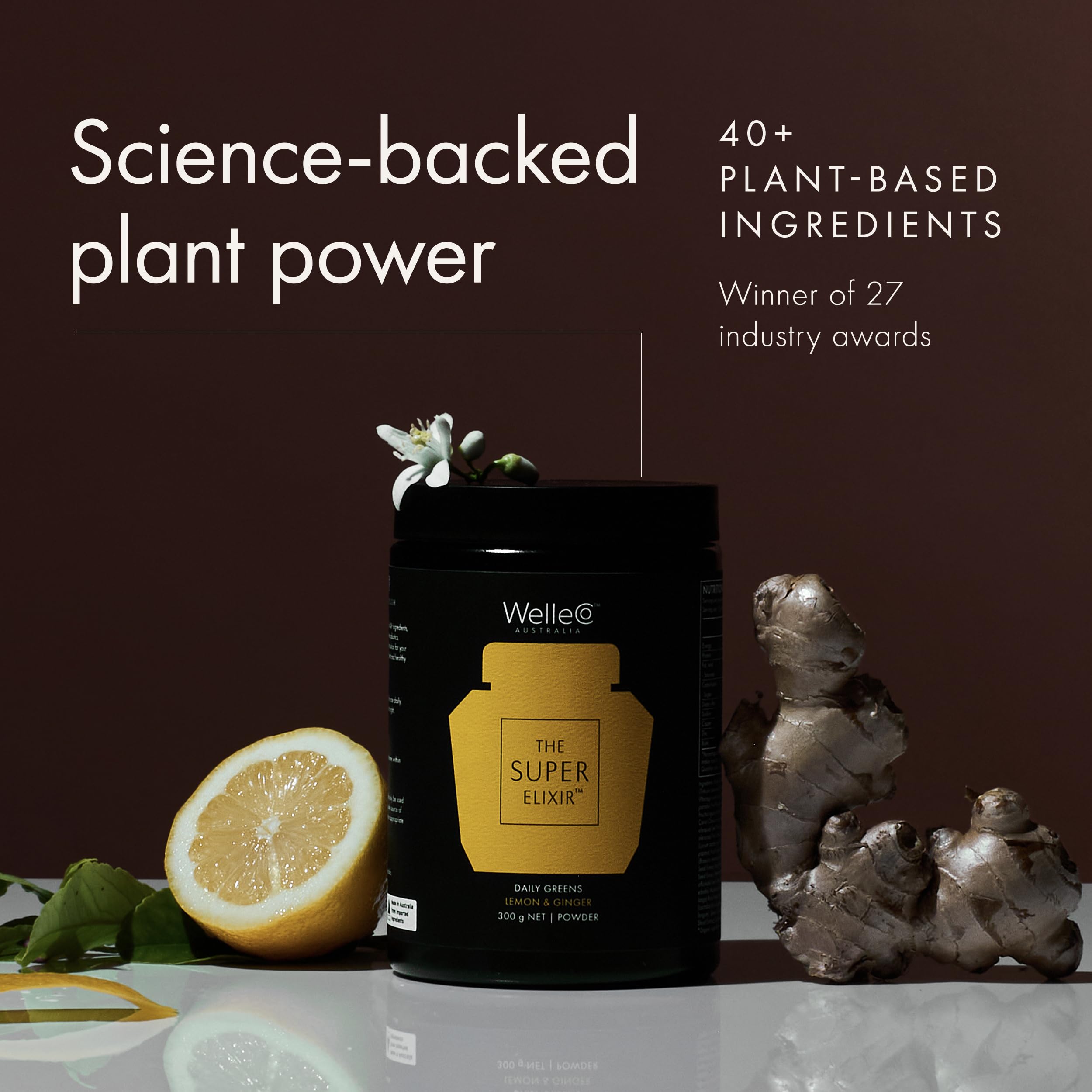 WelleCo The Super Elixir Daily Greens Powder, Probiotic Drink Mix with Whole Foods, Gluten Free, Vegan Gut Health Powder, Energy, Immunity, Healthy Skin, Hair & Nails (300g, Lemon Ginger) WelleCo uk supplements