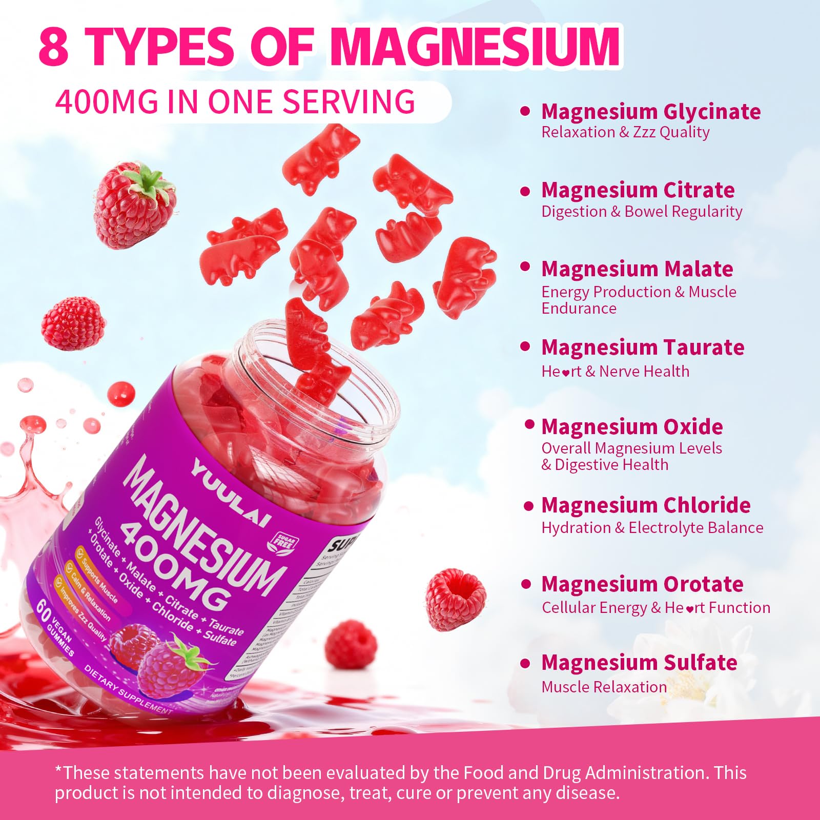 Pack of 2 Magnesium Complex Gummies 400mg, Magnesium Glycinate, Malate, Citrate, Taurate, Oxide & More | w/Ashwagandha Extract, D3 & B12 for Calm, Zzz, Relaxation, Raspberry Flavor, 120 Count YUULAI uk supplements