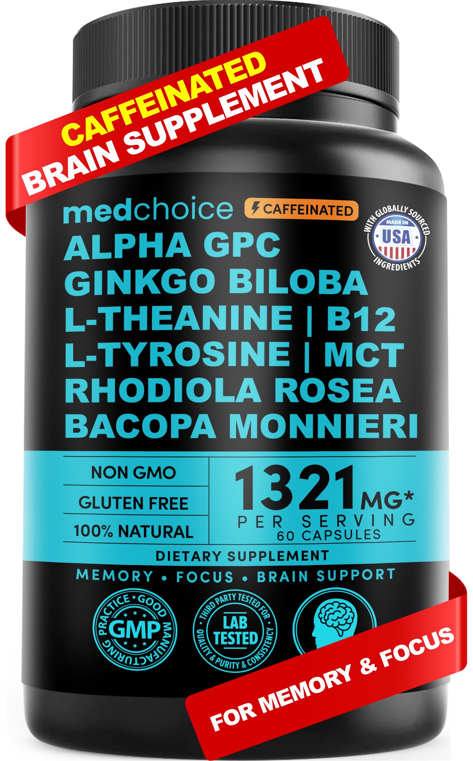 12-in-1 Nootropic Brain Supplement with Caffeine Anhydrous: Ginkgo Biloba for Brain Support, Memory and Focus - B12, Alpha GPC, L Theanine and Choline Supplements with Bioperine with 1321mg (60ct) MEDCHOICE uk supplements