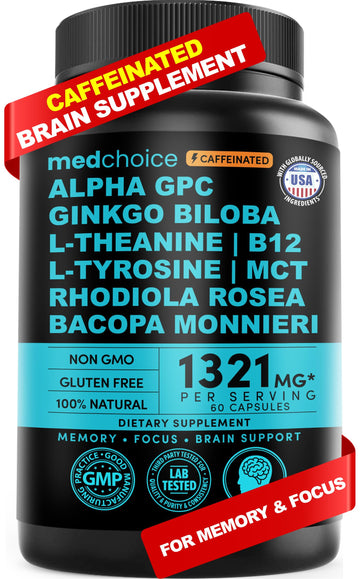 12-in-1 Nootropic Brain Supplement with Caffeine Anhydrous: Ginkgo Biloba for Brain Support, Memory and Focus - B12, Alpha GPC, L Theanine and Choline Supplements with Bioperine with 1321mg (60ct) MEDCHOICE uk supplements