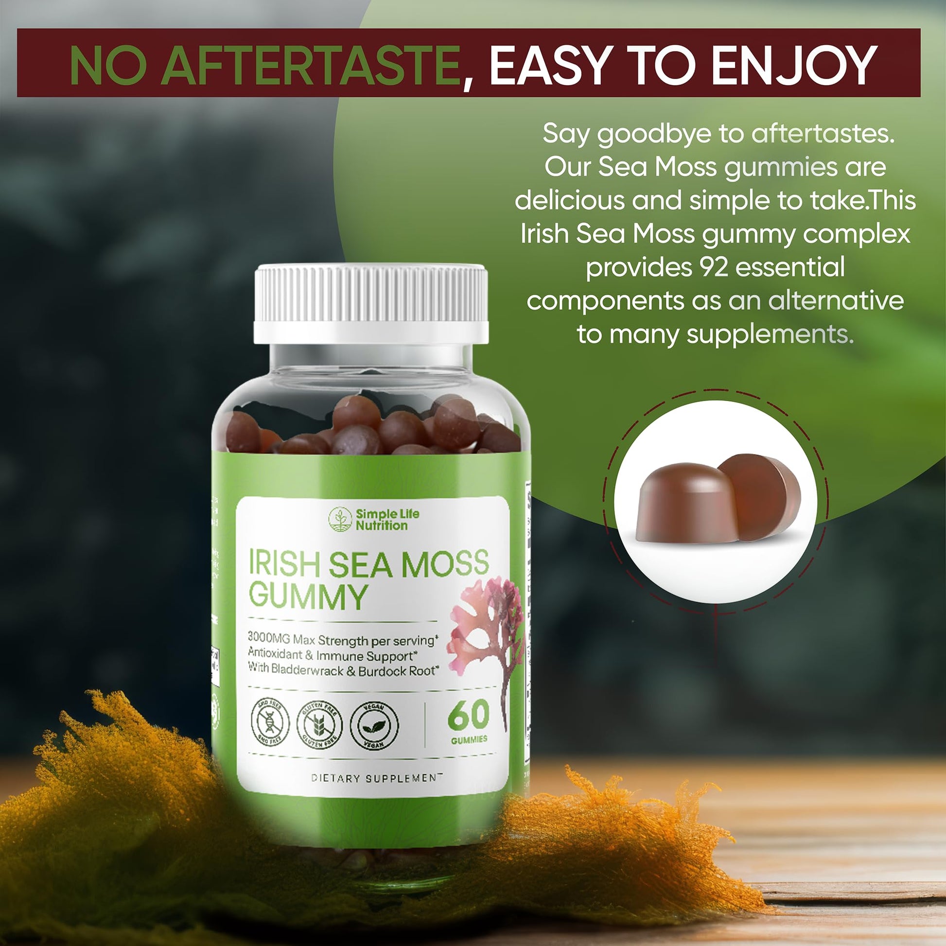 Simple Life Nutrition Organic Irish Sea Moss Gummies - Burdock Root and Bladderwrack Natural Blend - Immune System Gut Cleanse & Thyroid Supplement - Skin and Nail Health - 60CT Simple Life Nutrition uk supplements