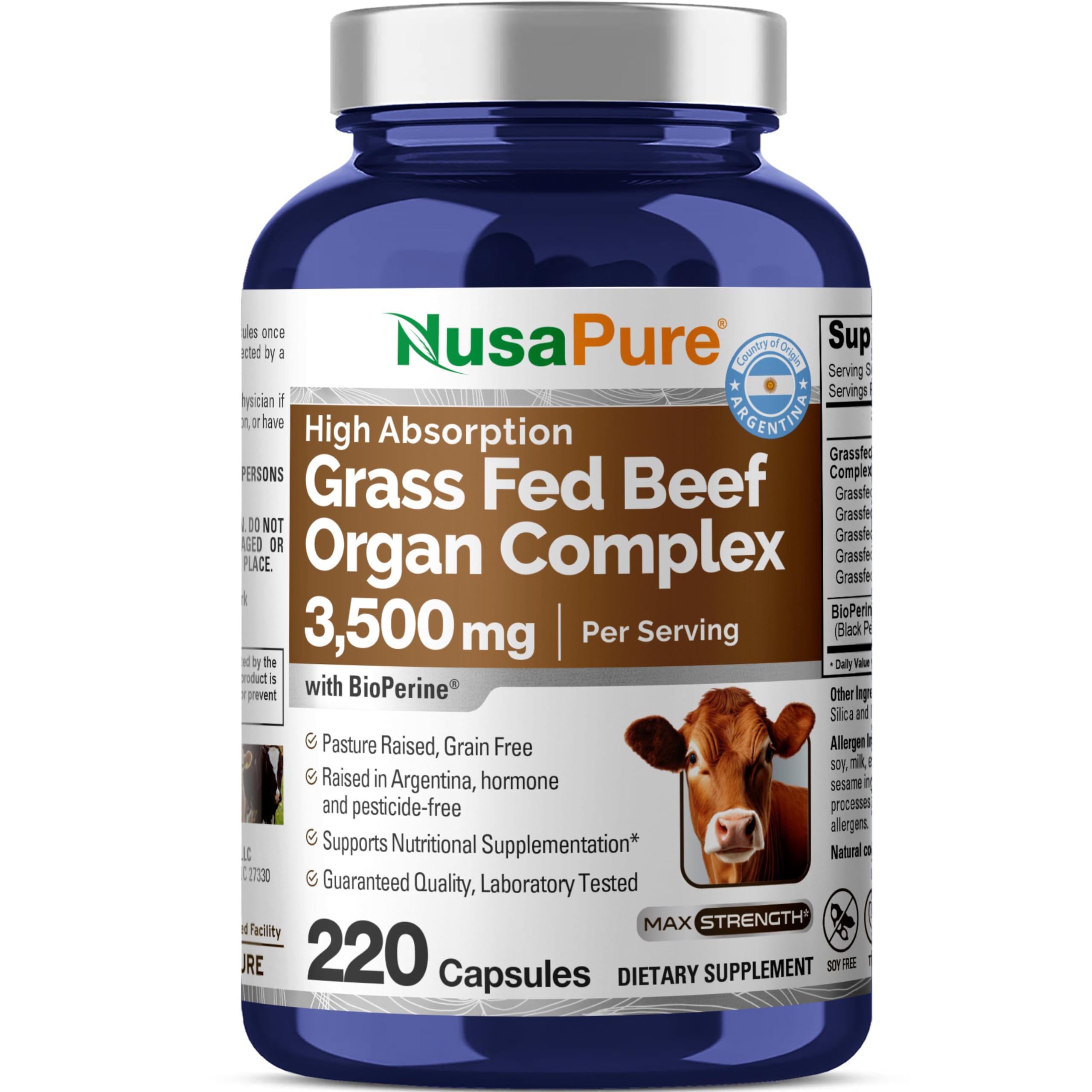 NusaPure Grass Fed Beef Organ Complex | 220 Capsules | Pasture Raised | with Desiccated Liver, Kidney, Pancreas, Heart, Spleen | Soyfree Non-GMO, Bioperine NusaPure uk supplements