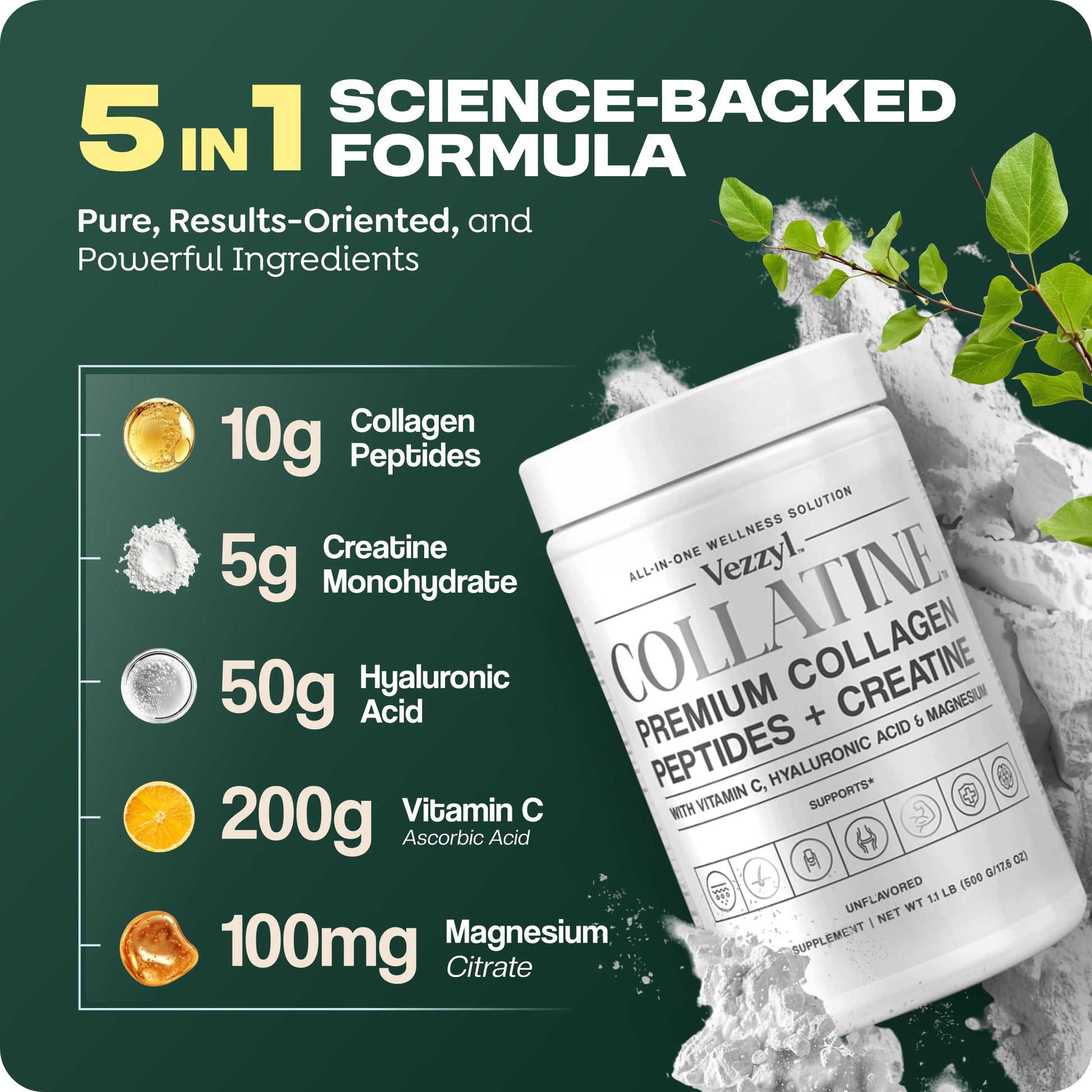 Vezzyl - Collatine - Premium Collagen Peptides + Creatine with Vitamin C, Hyaluronic Acid and Magnesium for Skin, Hair, Nails, Bone & Joint, Muscle, Immune and Cognitive Aid (.55 LB (250 G/8.8 OZ) Vezzyl uk supplements