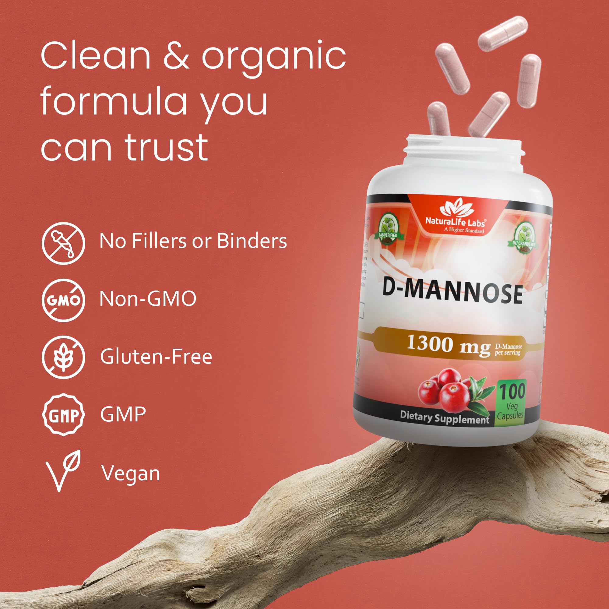 NaturaLife Labs Organic D-Mannose 1300 mg with Organic Cranberry Extract 100 mg per Serving – 100 Capsules – Non-GMO, Gluten-Free, Vegan NaturaLife Labs uk supplements