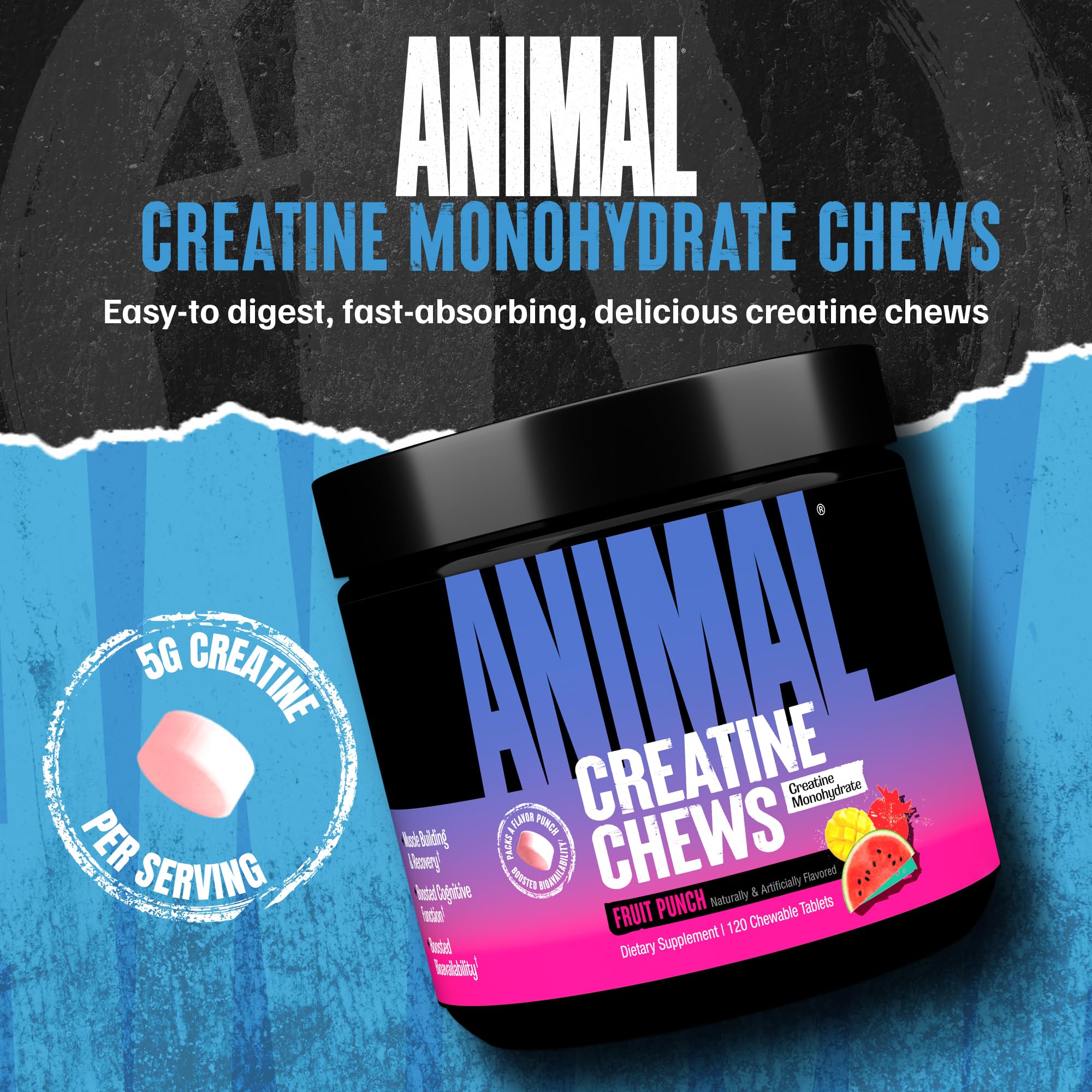 Animal Creatine Chews Tablets - Enhanced Creatine Monohydrate with AstraGin to Improve Absorption, Sea Salt for Added Pumps, Delicious and Convenient Chewable Tablets - Fruit Punch Animal uk supplements