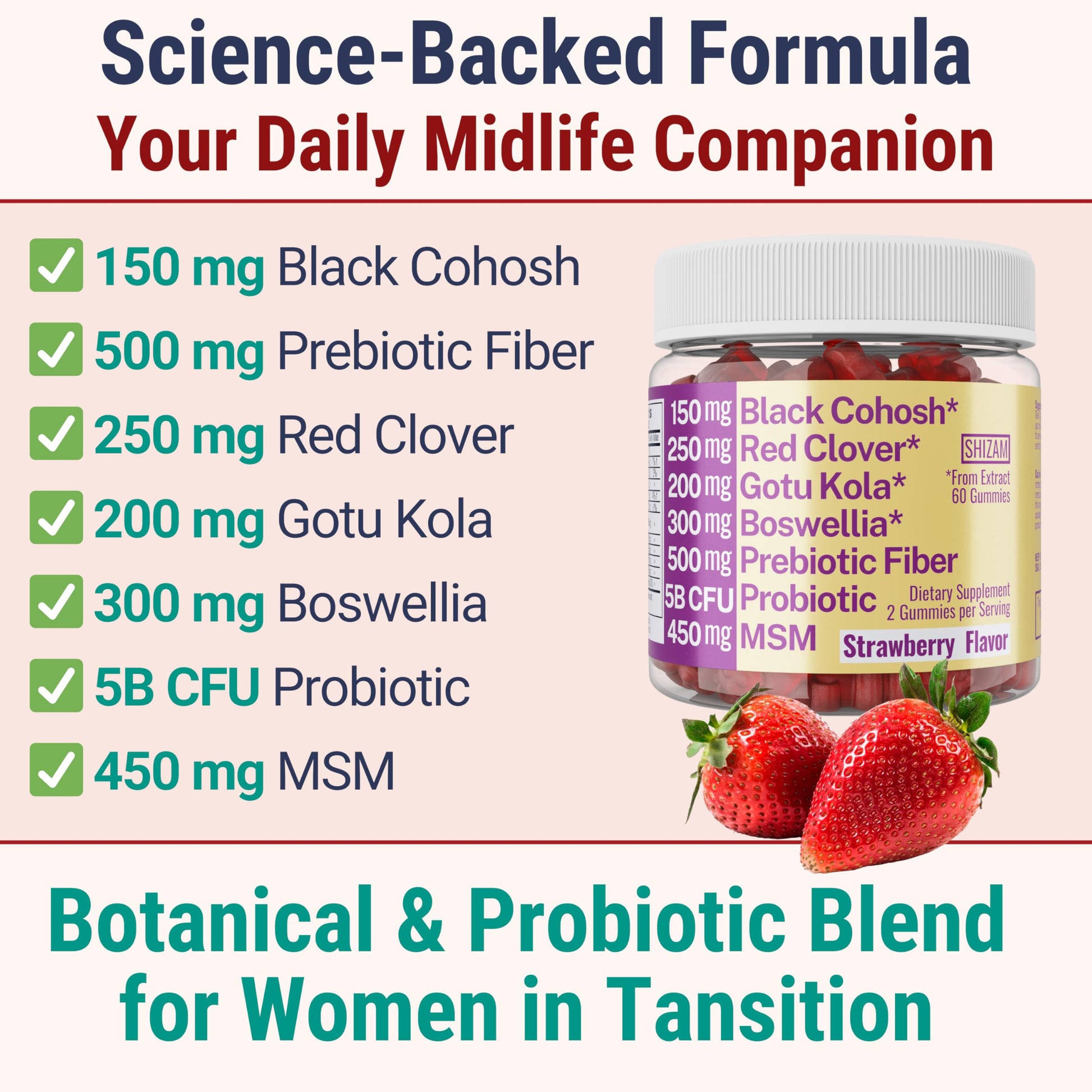 Boswellia Serrata Black Cohosh Gotu Kola Red Clover Extract Complex Gummies w. Probiotic Fiber (Chicory Root Inulin) MSM Methylsulfonylmethane, Supplement Alt for Organic Powder Capsules Tincture SHIZAM uk supplements