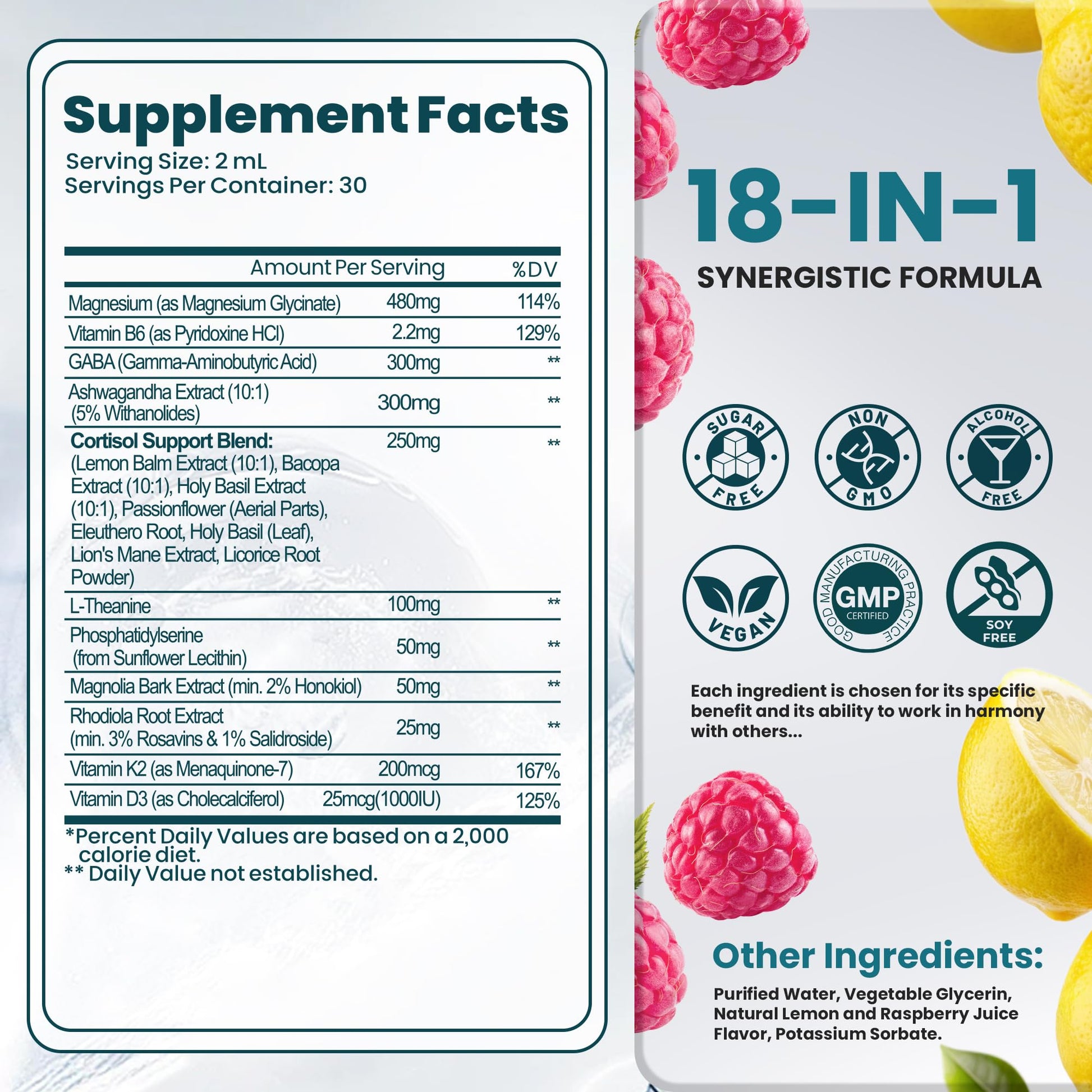Cortisol Supplements for Women & Men, 18 in 1 Stress & Mood Support Drops with Magnesium 480mg, GABA, Ashwagandha, L-Theanine & Phosphatidylserine, for Relaxation & Sleep, Lemon Raspberry Flavor 60mL Rylaxed uk supplements