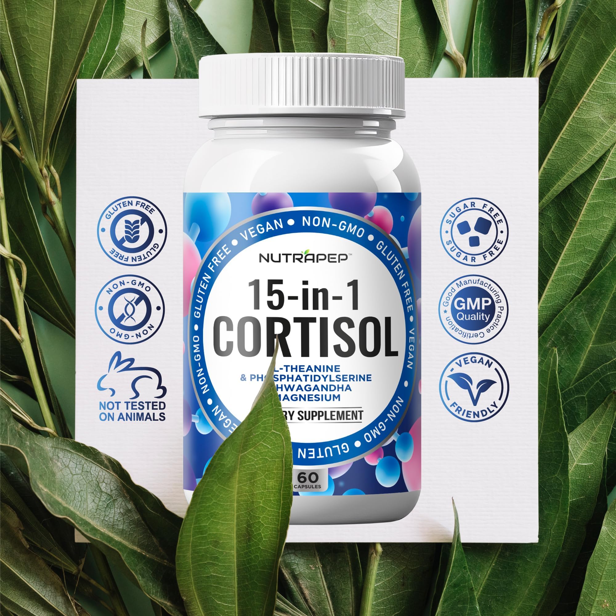 NutraPep Cortisol Detox Supplement Men Women - Reduce Lower Cortisol High Cortisol Reducer Blocker Control - Supports Stress Mood Rest Adrenal Calm Relax with Ashwagandha L-Theanine Magnesium NutraPep uk supplements