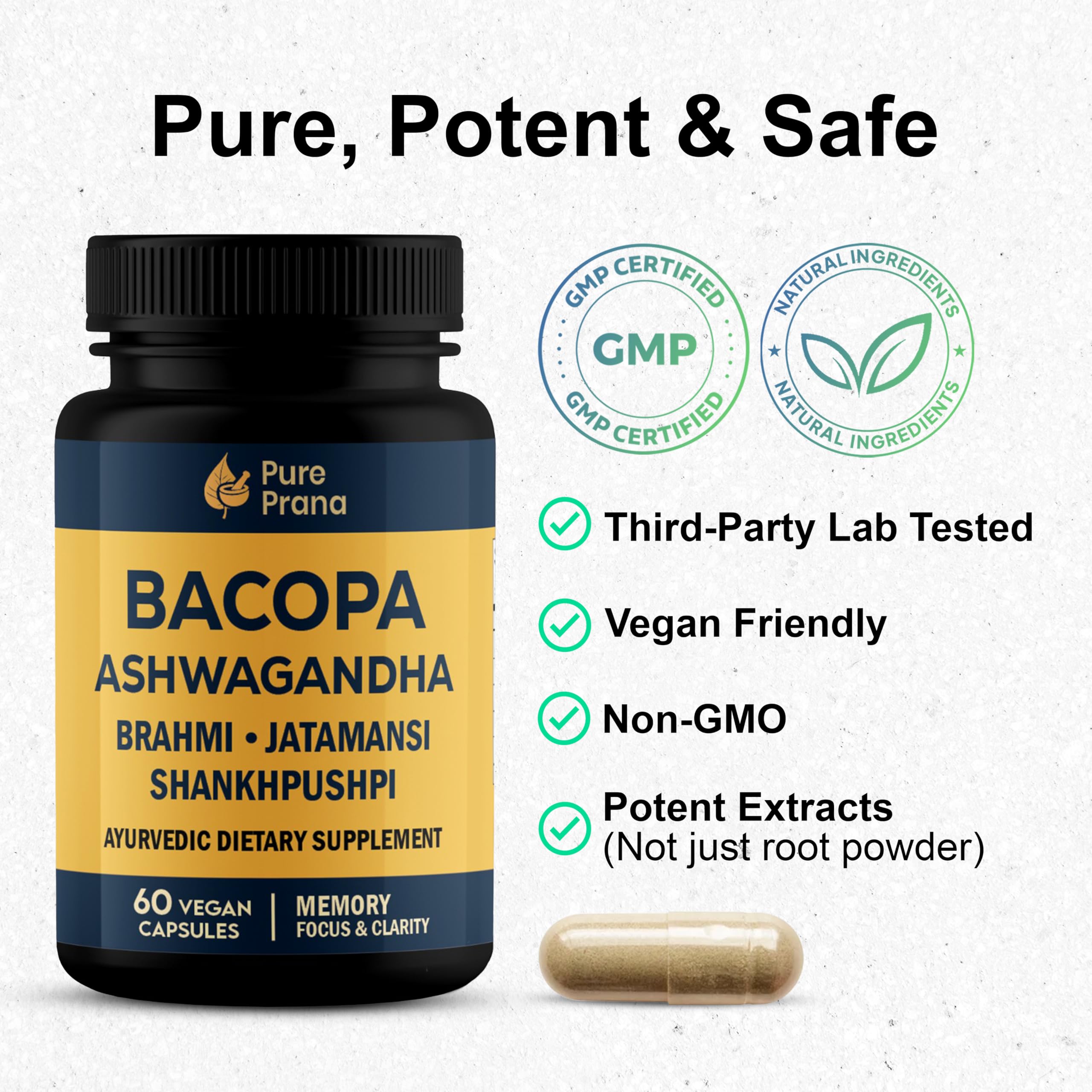 Pure Prana Ayurvedic Brain Supplement Capsules with Brahmi, Ashwagandha & Gotu Kola - Plant-Based Nootropic Cognitive Wellness Formula for Daily Focus - Vegan Clarity for Men Women - 60 Capsules Pure Prana uk supplements