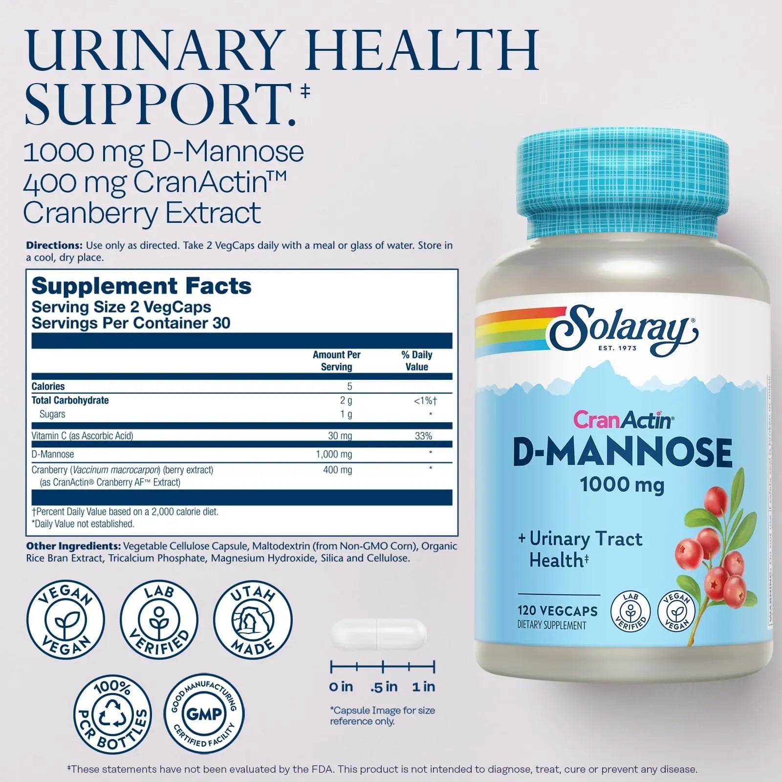 SOLARAY D-Mannose 1000mg with CranActin Cranberry Supplement 400mg, Urinary Tract Health & Bladder Support Capsules with Vitamin C, Vegan, 60 Day Guarantee, 60 Servings, 120 VegCaps (120 CT) SOLARAY uk supplements