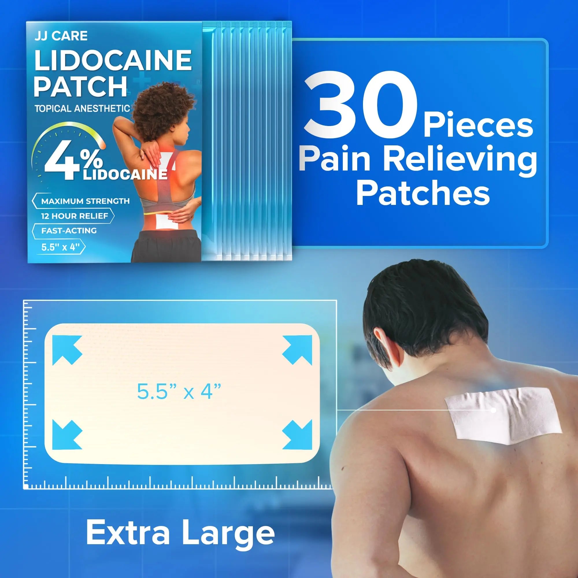 JJ CARE Lidocaine Patches [Pack of 30], 4” x 5.5” Lidocaine 4% Maximum Strength Back Pain Relief Patches for Fast Numbing of Aches, Pains, Back, Neck, Shoulder, Muscle Soreness JJ CARE uk supplements