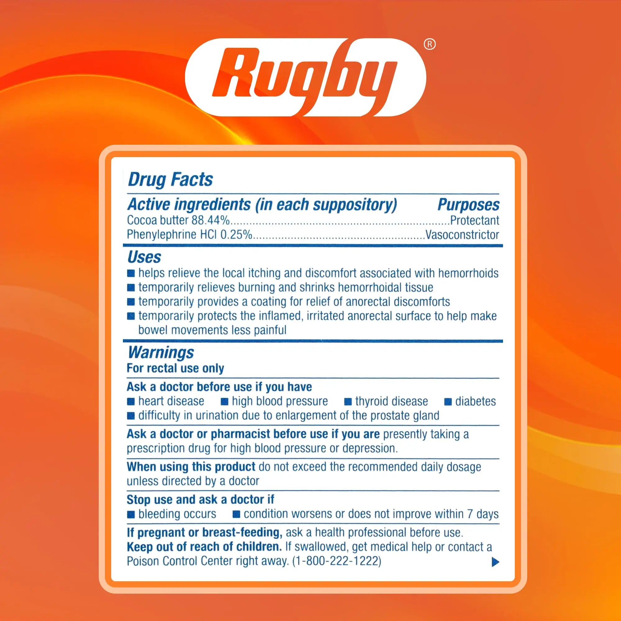 Rugby Hemorrhoidal Suppositories - Soothing and Shrinking Action for Internal Hemorrhoids with Cocoa Butter and Phenylephrine HCl, Easy Open Design - 12 Count RUGBY LABORATORIES uk supplements