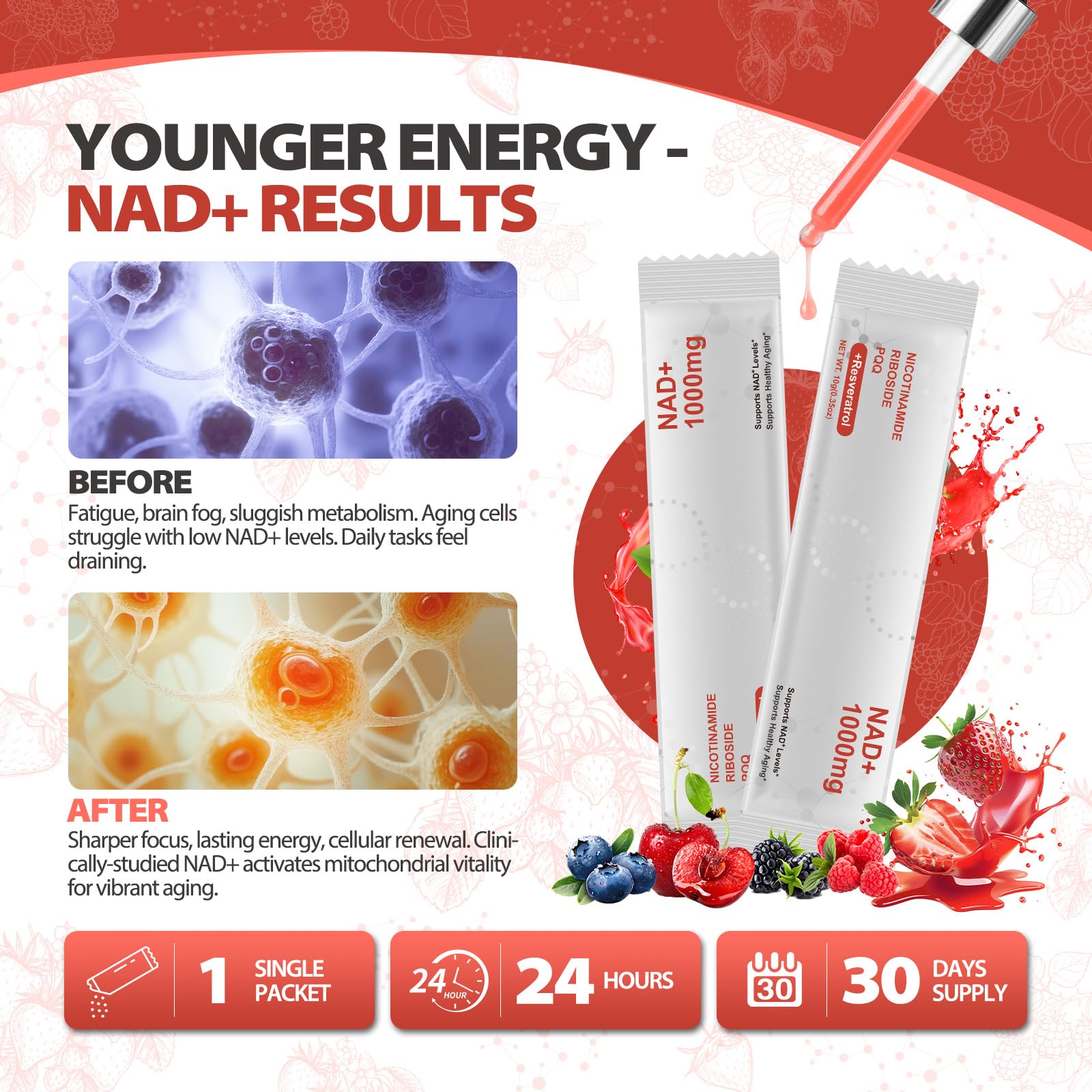 Zooone NAD+ Liquid Supplement 1000mg, Nicotinamide Riboside & Resveratrol, Extra Strength Berry Flavor Drink Mix for Energy, Focus & Anti-Aging -30 Pack Zooone uk supplements