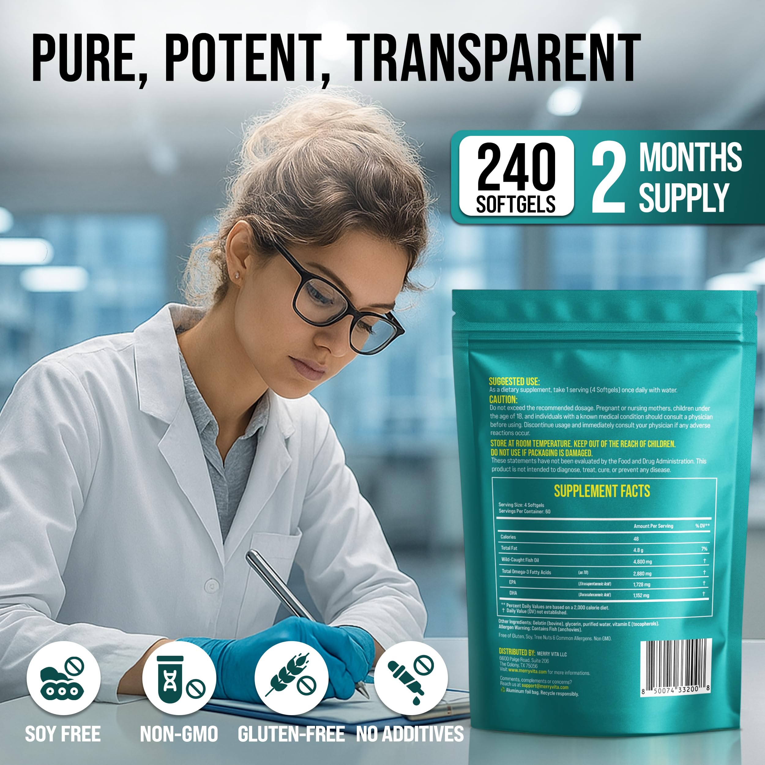 Omega 3 Fish Oil 4800 mg – EPA 1728 mg | DHA 1152 mg from Wild-Caught Anchovies – Burpless Mini Softgels – Pure Omega-3 Fatty Acid Supplement – Non-GMO, Gluten-Free, No Aftertaste – 240 Capsules MERRY VITA uk supplements