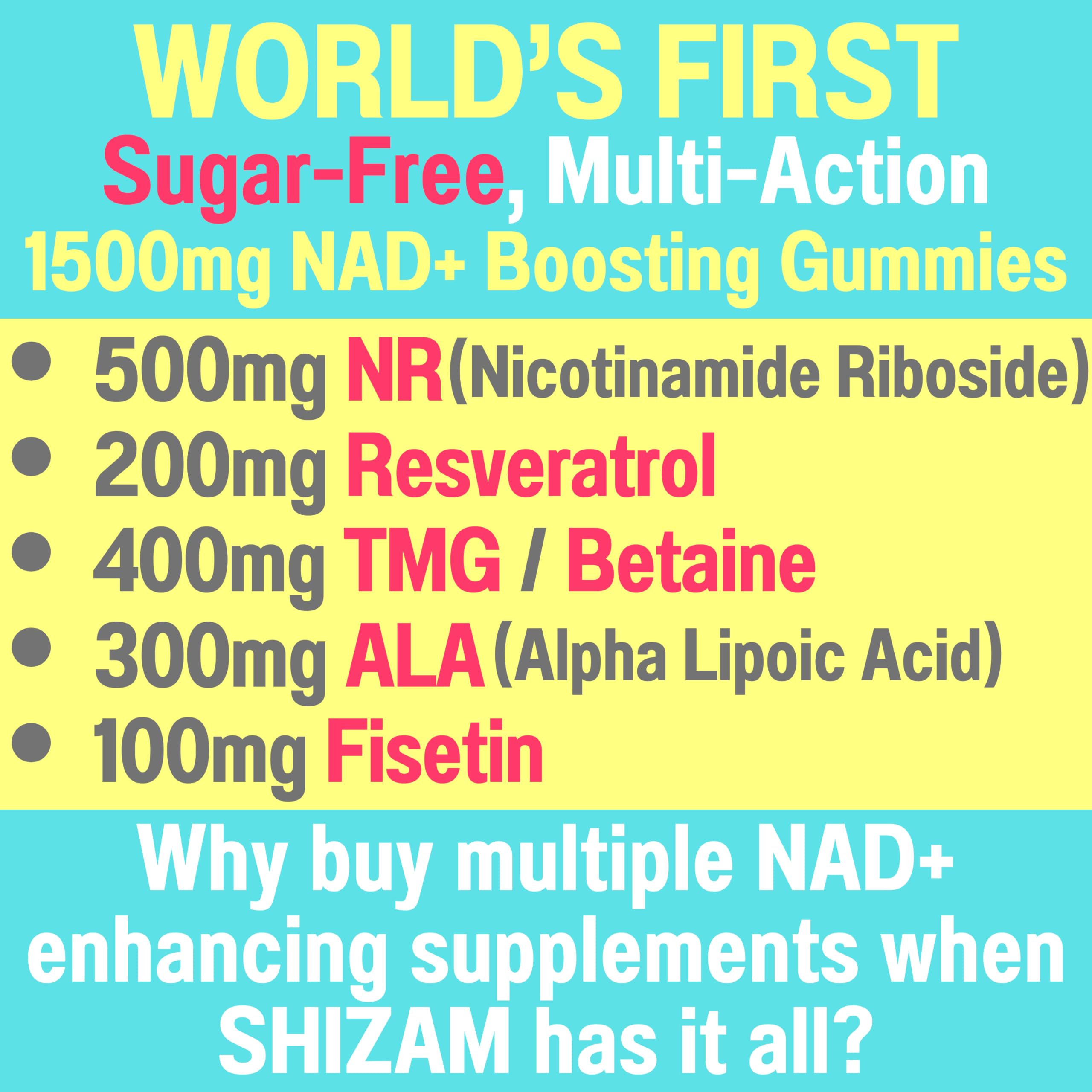 1500mg NAD+ Sugar Free Gummies | NAD + Plus NR TMG ALA Trans-Resveratrol Fisetin Supplements | Nicotinamide Riboside Trimethylglycine Alpha Lipoic Acid Betaine Pills Capsules Tincture Supplement Alt SHIZAM uk supplements