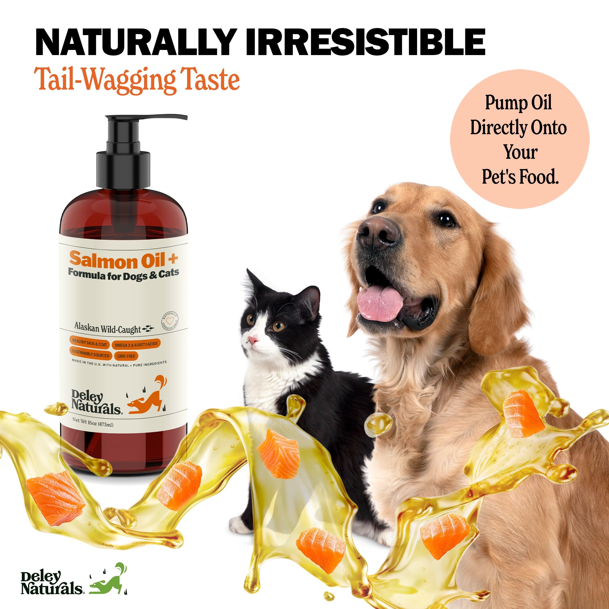 Deley Naturals Wild Alaskan Salmon Oil for Dogs & Cats - New and Improved Salmon Oil Plus Formula - Fish Oil for Dogs with Omega 3, DHA and EPA - Omega 3 for Healthy Skin and Coat - 16oz Made in USA Deley Naturals uk supplements