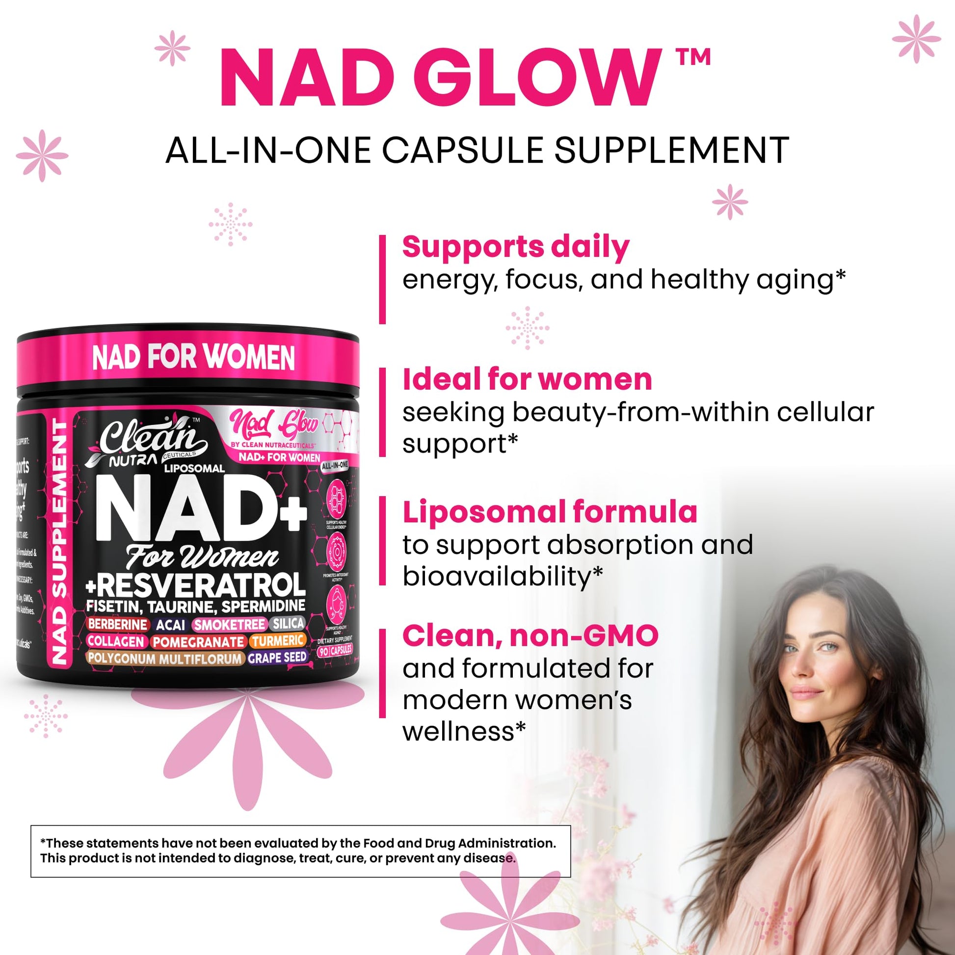 NAD+ Resveratrol Supplement for Women NAD Turmeric Vitamin C Acai Pomegranate Collagen Peptides Nicotinamide Riboside Fisetin Vitamin E Polygonum Multiflorum Berberine 90 Capsules by Clean Nutra Clean Nutraceuticals uk supplements