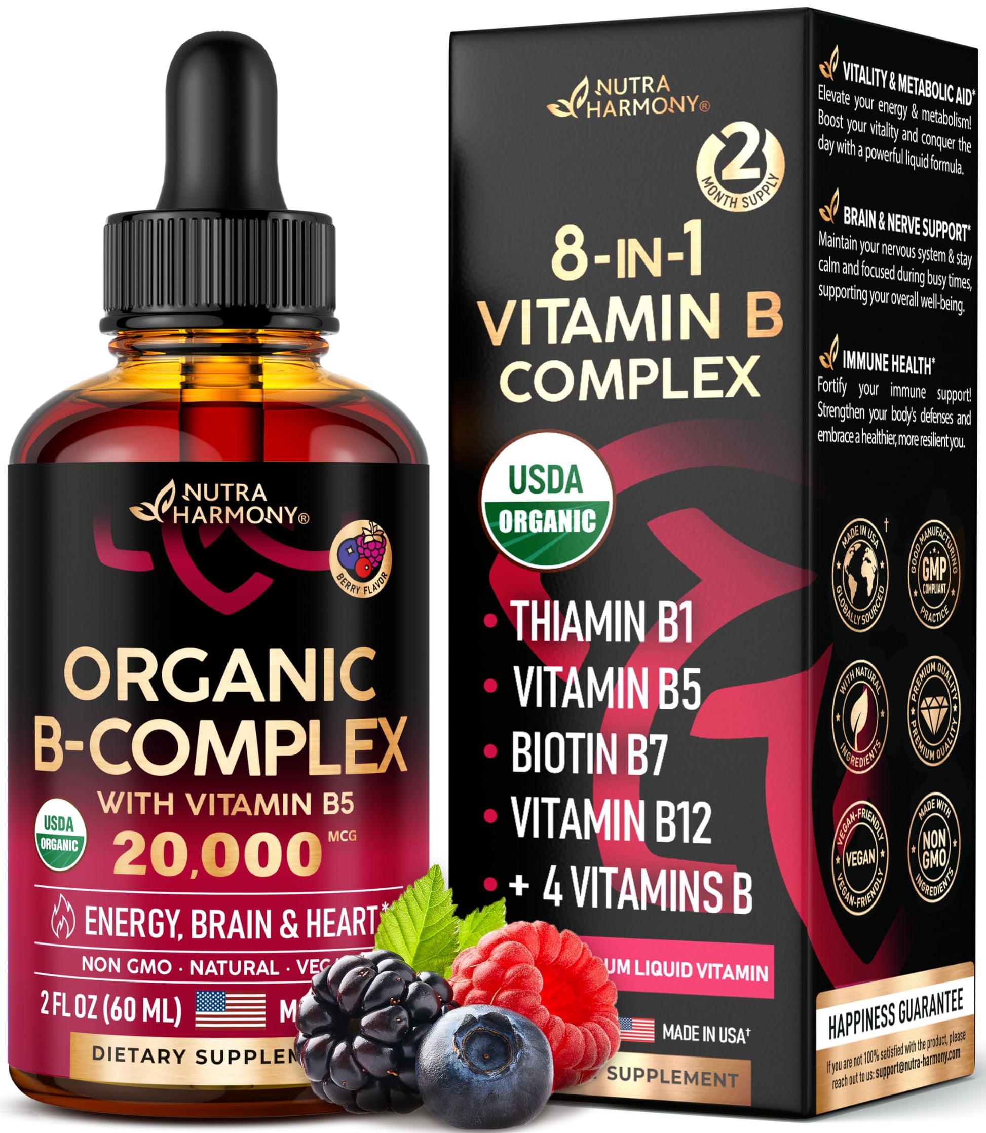 USDA Organic Vitamin B Complex Liquid Drops - 8-in-1 B Complex Vitamins: B1, B2, B3, B5 NUTRAHARMONY uk supplements