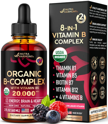 USDA Organic Vitamin B Complex Liquid Drops - 8-in-1 B Complex Vitamins: B1, B2, B3, B5 NUTRAHARMONY uk supplements