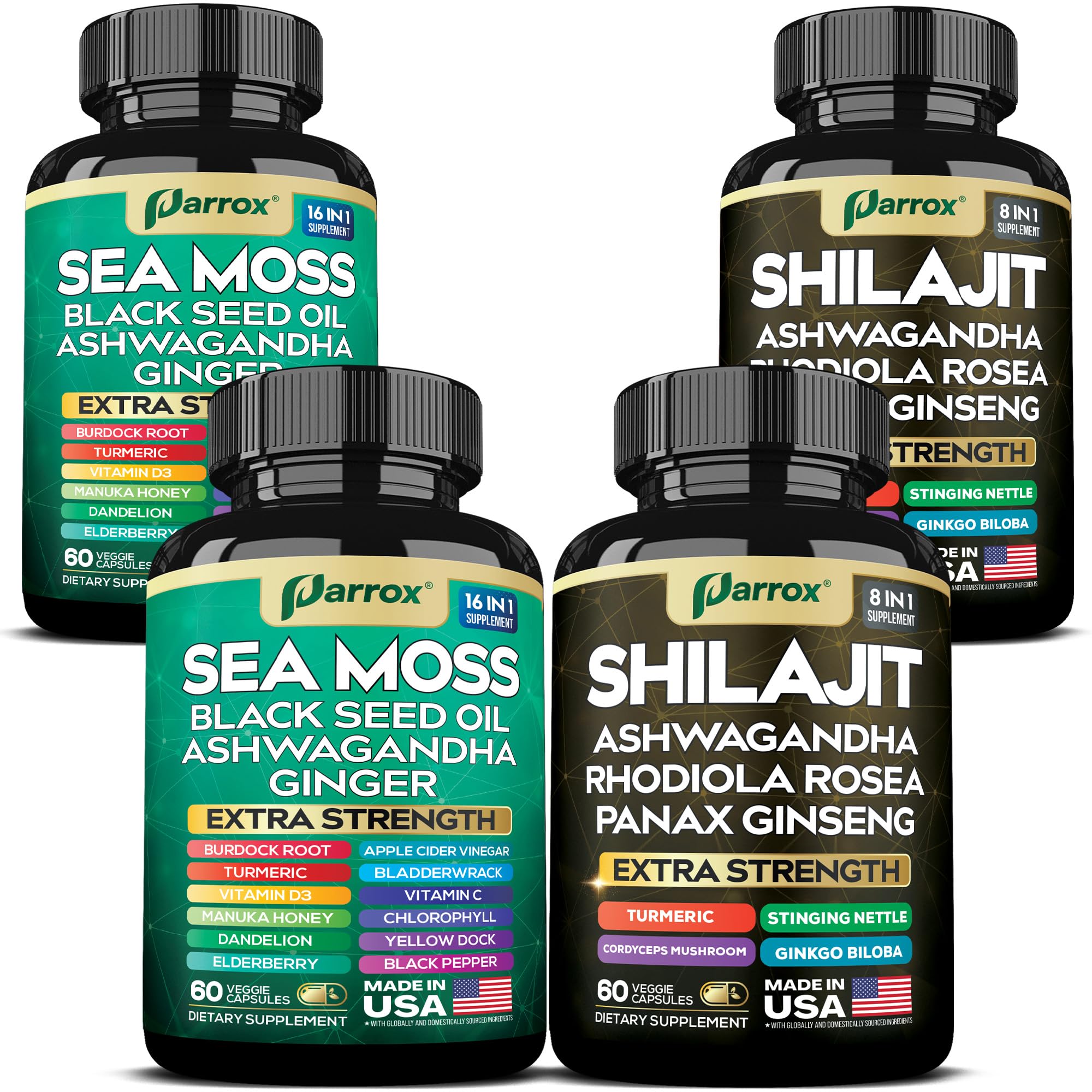 Parrox Shilajit and Sea Moss Bundle, Sea Moss 350mg, Black Seed Oil 200mg, Ashwagandha 100mg, Turmeric, Shilajit 300mg, Rhodiola Rosea 100mg, Panax Ginseng 50mg, Dynamic Vitality Bundle (2 Pack) Parrox uk supplements