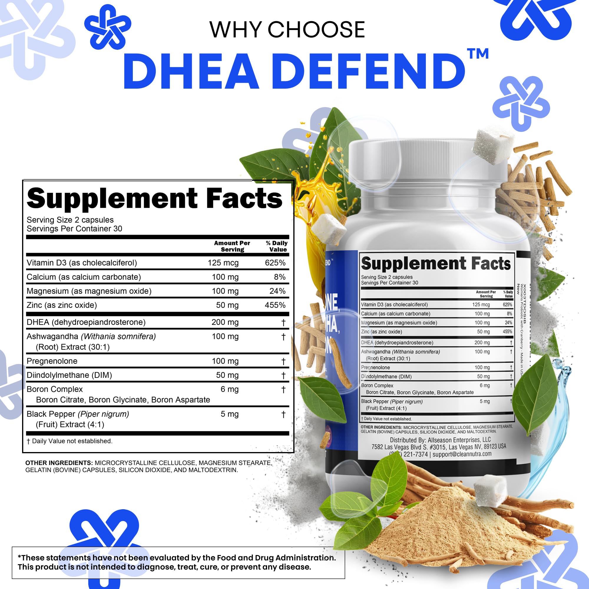 DHEA 200mg Supplement Pregnenolone 100mg for Men & Women with DIM Ashwagandha Boron 6mg Complex Calcium Magnesium Zinc 50mg Vitamin D3 5000 iu Hormone Support Capsules Pills - Made in USA 60 Ct Clean Nutraceuticals uk supplements
