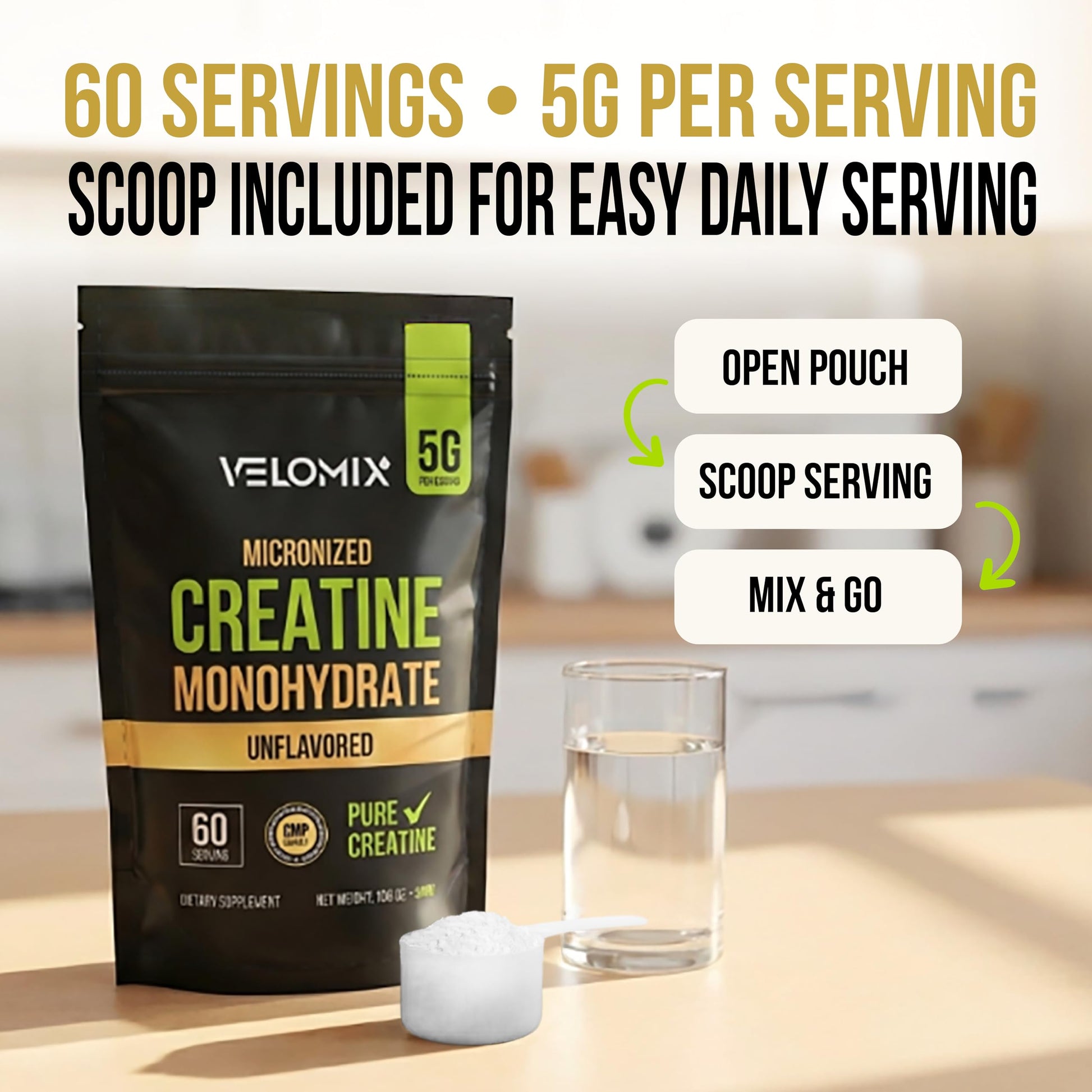 VELOMIX Micronized Creatine Monohydrate Powder - 100% Pure Creatine Powder Unflavored and Easy to Mix | Supports Muscle Growth, Recovery, and Strength | 5000mg Per Serv (5g) - 60 Servings VELOMIX uk supplements