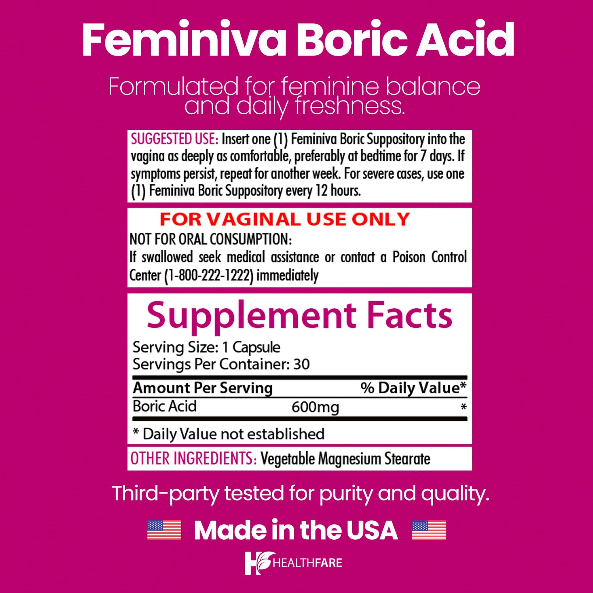 Healthfare Feminiva Boric Acid Suppositories | 2-Pack | 30 Vaginal Suppositories Each | 600mg | 100% Pure | Made in The USA Healthfare uk supplements