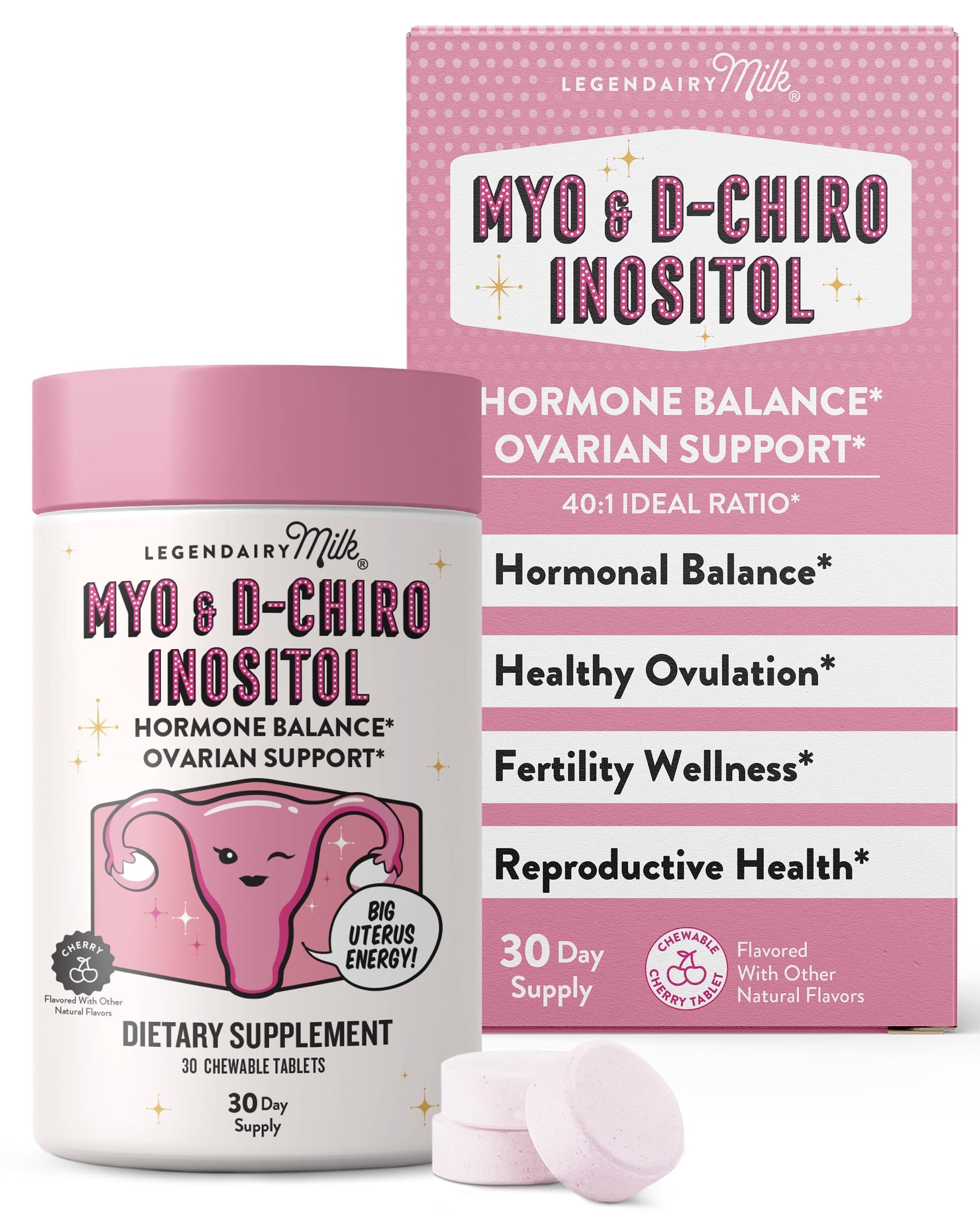 Legendairy Milk Myo-Inositol & D-Chiro Inositol Supplement for Women, 40:1 Ratio, PCOS & Fertility Support, Hormone Balance, Sugar Free Vegan Chewable Tablets, Cherry Flavor, 30 Day Supply Legendairy Milk uk supplements