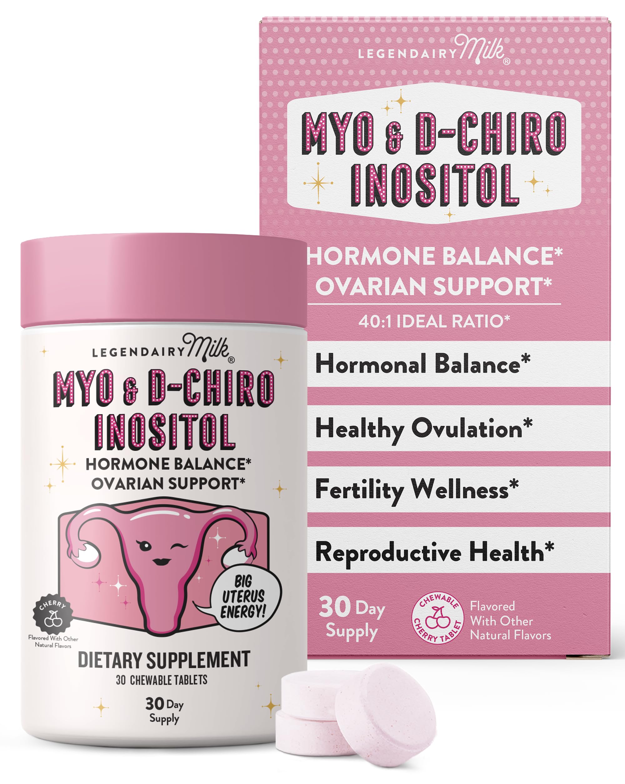 Legendairy Milk Myo-Inositol & D-Chiro Inositol Supplement for Women, 40:1 Ratio, PCOS & Fertility Support, Hormone Balance, Sugar Free Vegan Chewable Tablets, Cherry Flavor, 30 Day Supply Legendairy Milk uk supplements