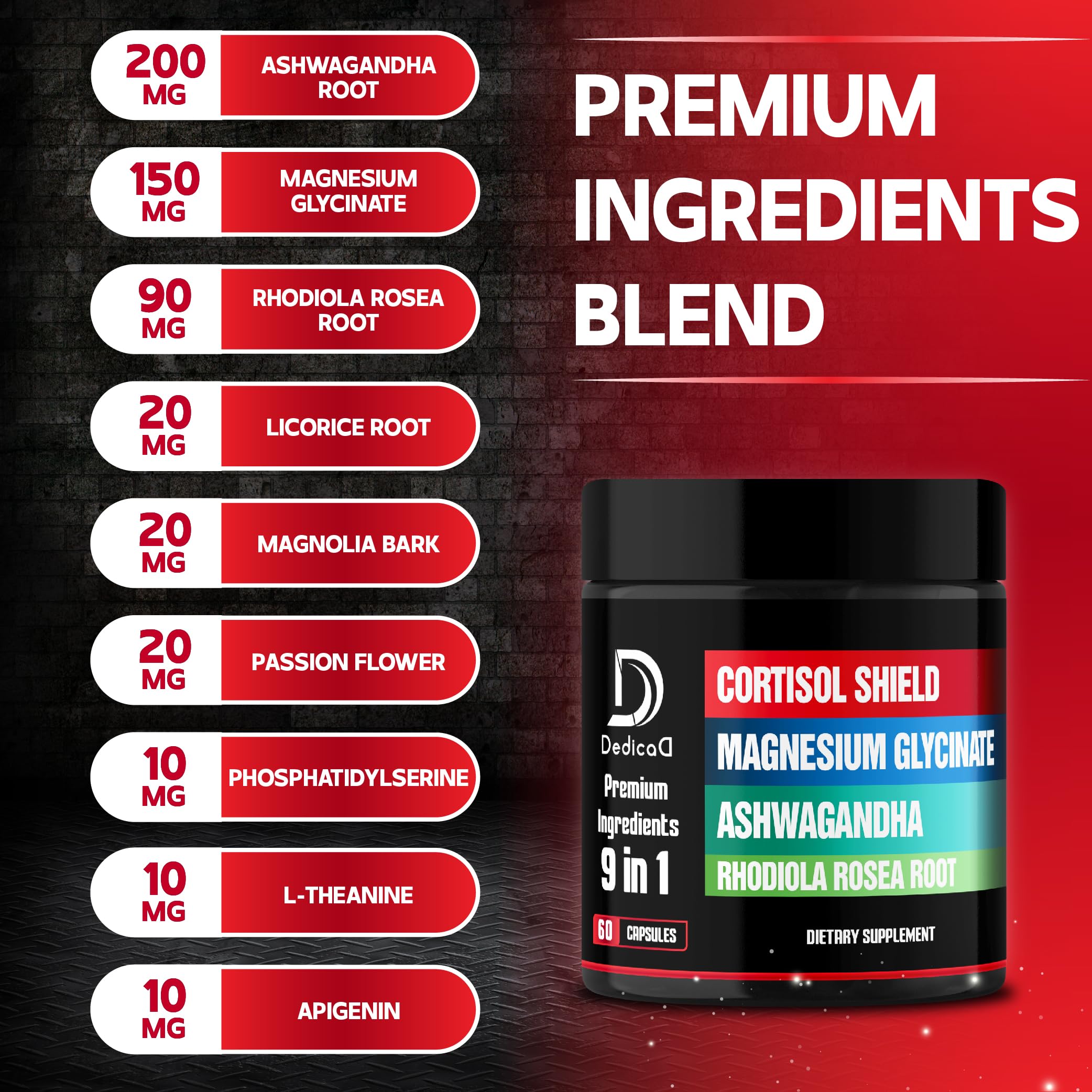 DEDICAD 9in1 Cortisol Shield - Magnesium Glycinate & Ashwagandha with Rhodiola, Phosphatidylserine, Passion Flower, L-Theanine, Apigenin, Licorice, Magnolia - Rest Well & Mood Balance - 60 Count DEDICAD uk supplements
